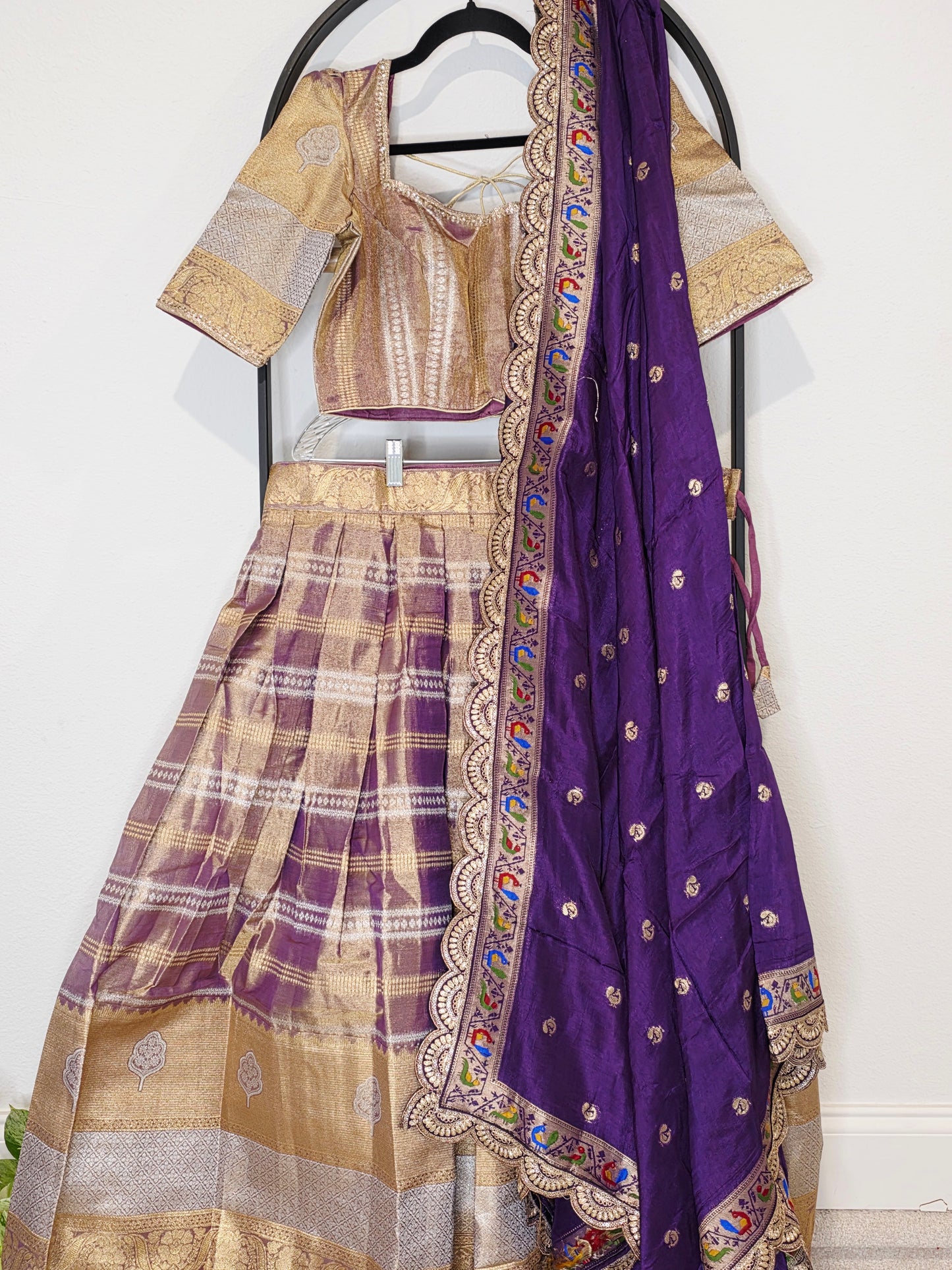 Royal Purple Gold Tissue Benarasi Half Saree Lehenga Set with Dupatta