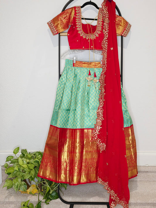 Sea Green & Ruby Red Pure Kanchi Silk Half Saree Lehenga Set with Soft Georgette Cutwork Dupatta