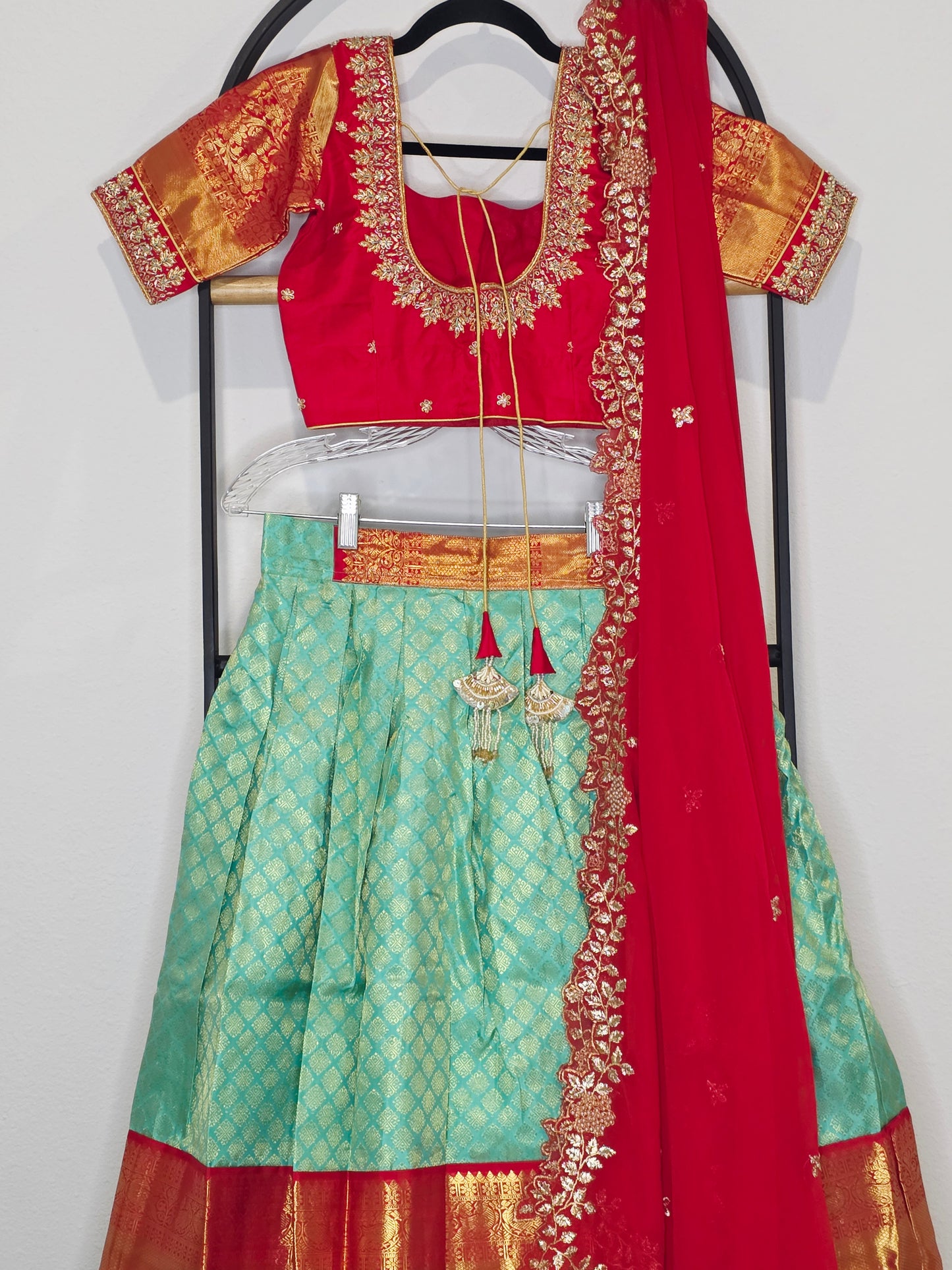 Sea Green & Ruby Red Pure Kanchi Silk Half Saree Lehenga Set with Soft Georgette Cutwork Dupatta
