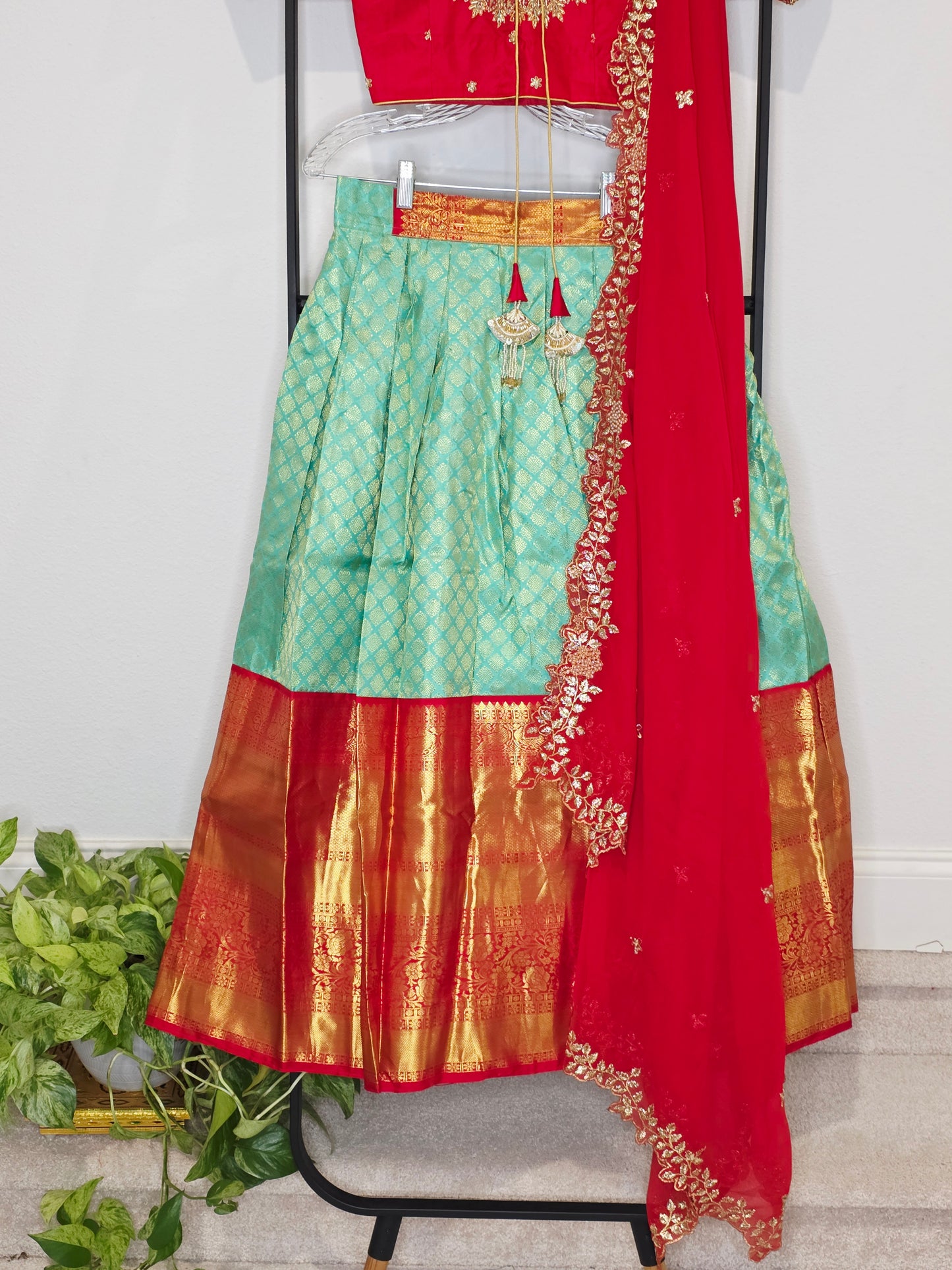 Sea Green & Ruby Red Pure Kanchi Silk Half Saree Lehenga Set with Soft Georgette Cutwork Dupatta