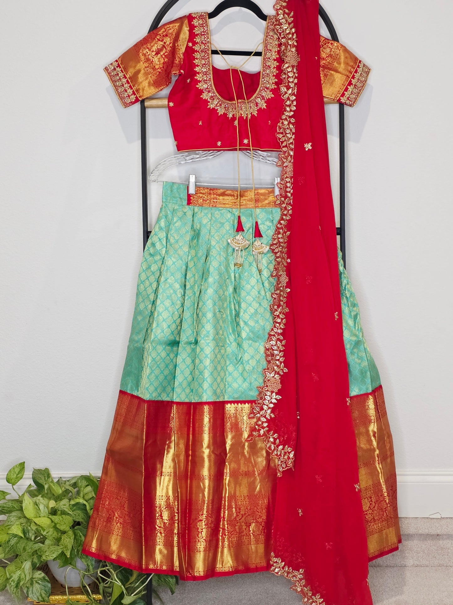Sea Green & Ruby Red Pure Kanchi Silk Half Saree Lehenga Set with Soft Georgette Cutwork Dupatta
