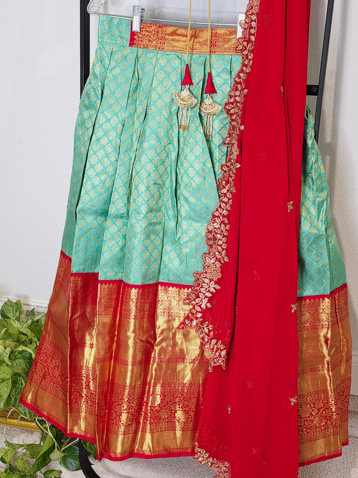 Sea Green & Ruby Red Pure Kanchi Silk Half Saree Lehenga Set with Soft Georgette Cutwork Dupatta