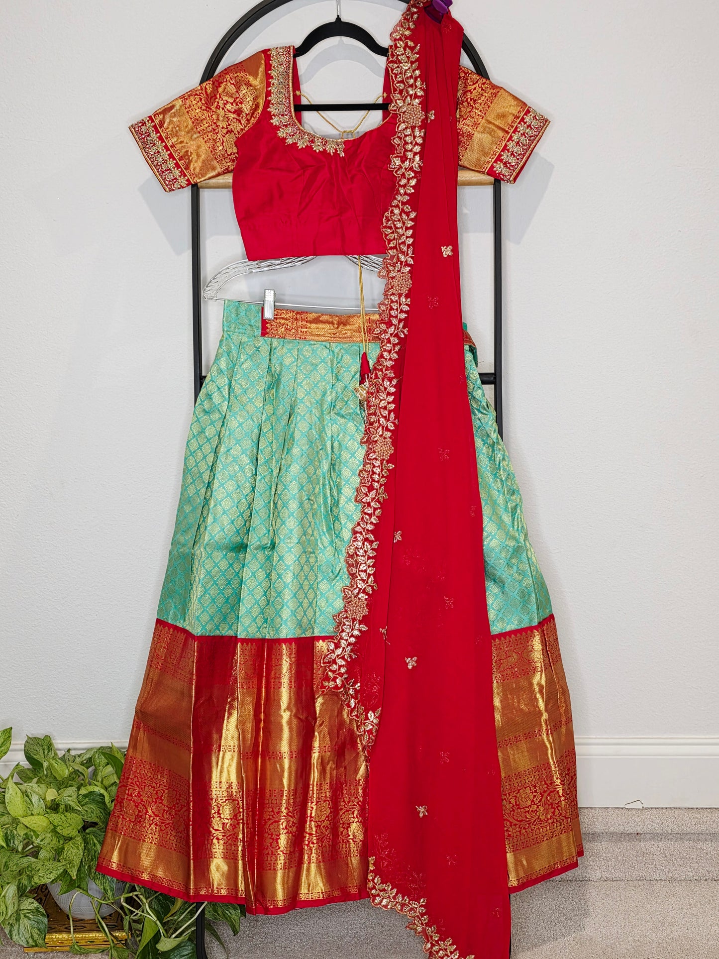 Sea Green & Ruby Red Pure Kanchi Silk Half Saree Lehenga Set with Soft Georgette Cutwork Dupatta