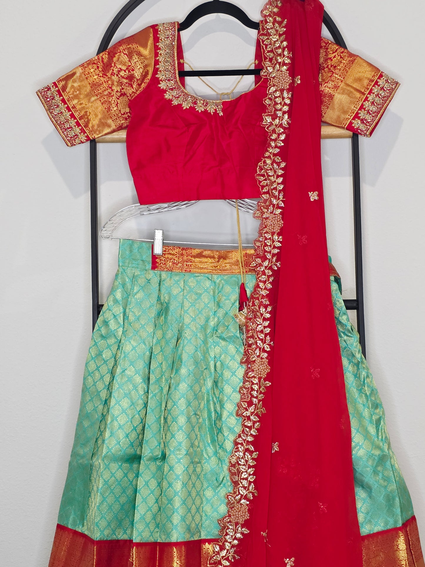 Sea Green & Ruby Red Pure Kanchi Silk Half Saree Lehenga Set with Soft Georgette Cutwork Dupatta