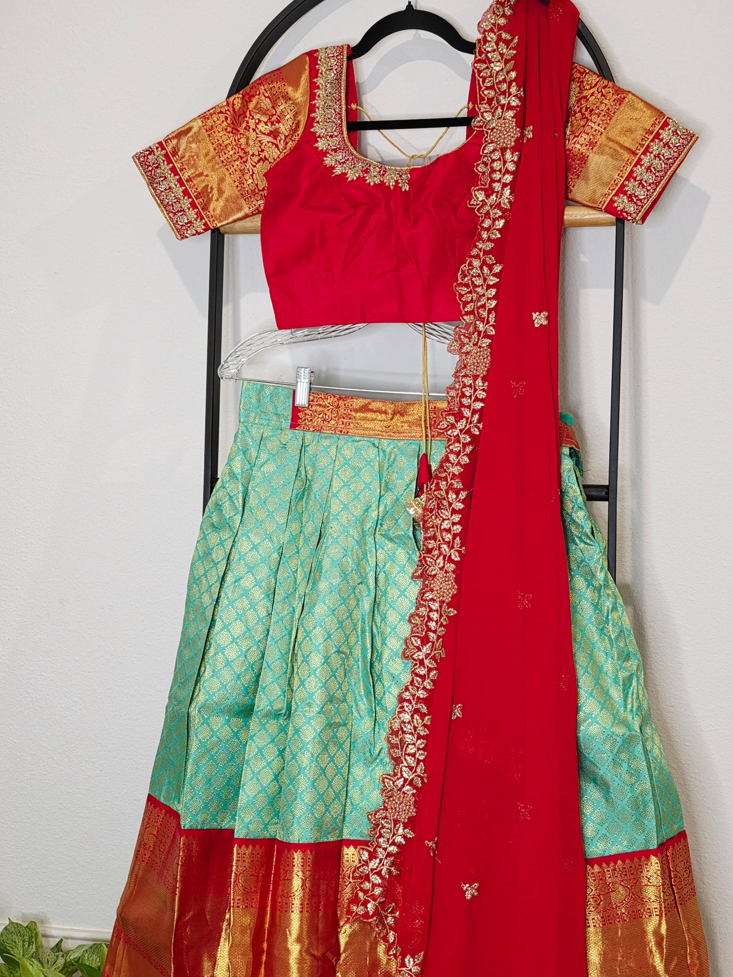 Sea Green & Ruby Red Pure Kanchi Silk Half Saree Lehenga Set with Soft Georgette Cutwork Dupatta