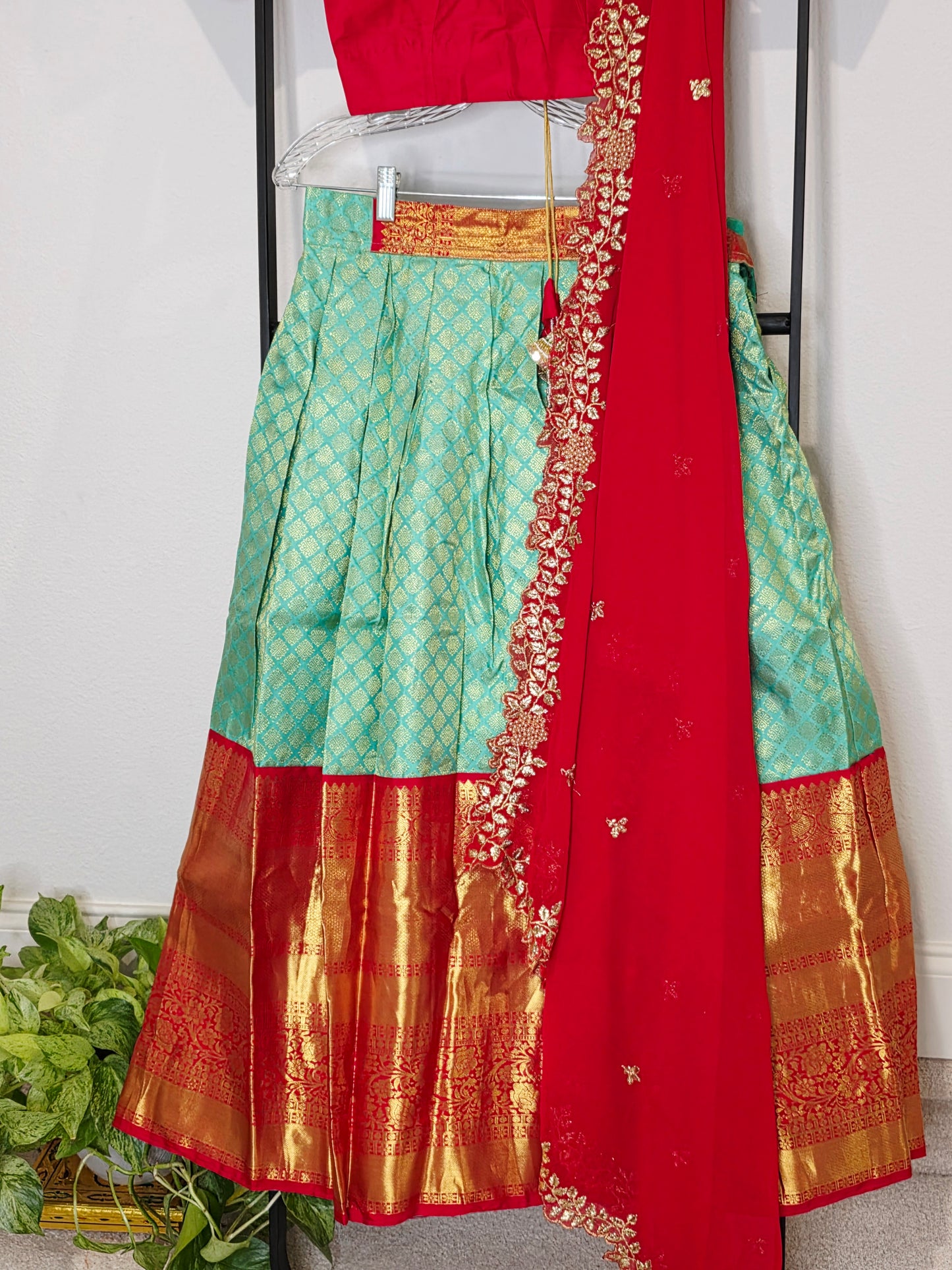 Sea Green & Ruby Red Pure Kanchi Silk Half Saree Lehenga Set with Soft Georgette Cutwork Dupatta