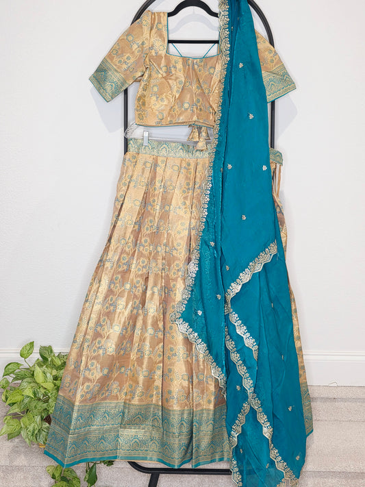 Champagne Gold & Peacock Teal Semi Kanchi Tissue Half Saree Set with Space Silk Cutwork Dupatta