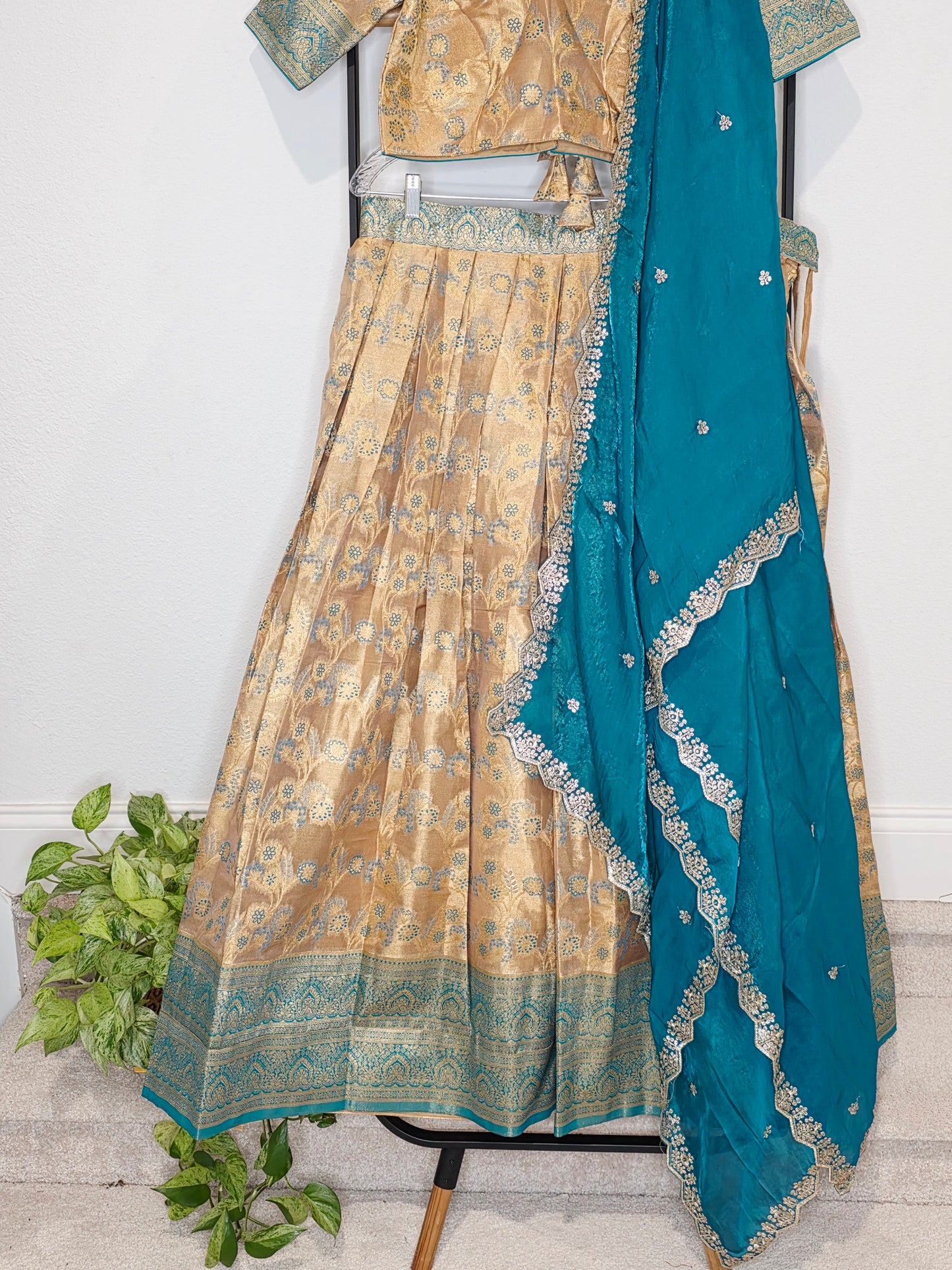 Champagne Gold & Peacock Teal Semi Kanchi Tissue Half Saree Set with Space Silk Cutwork Dupatta