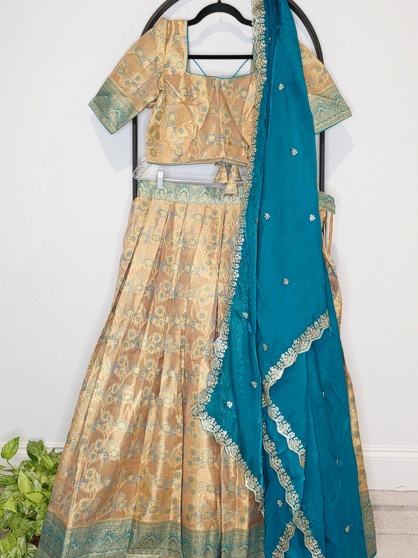 Champagne Gold & Peacock Teal Semi Kanchi Tissue Half Saree Set with Space Silk Cutwork Dupatta