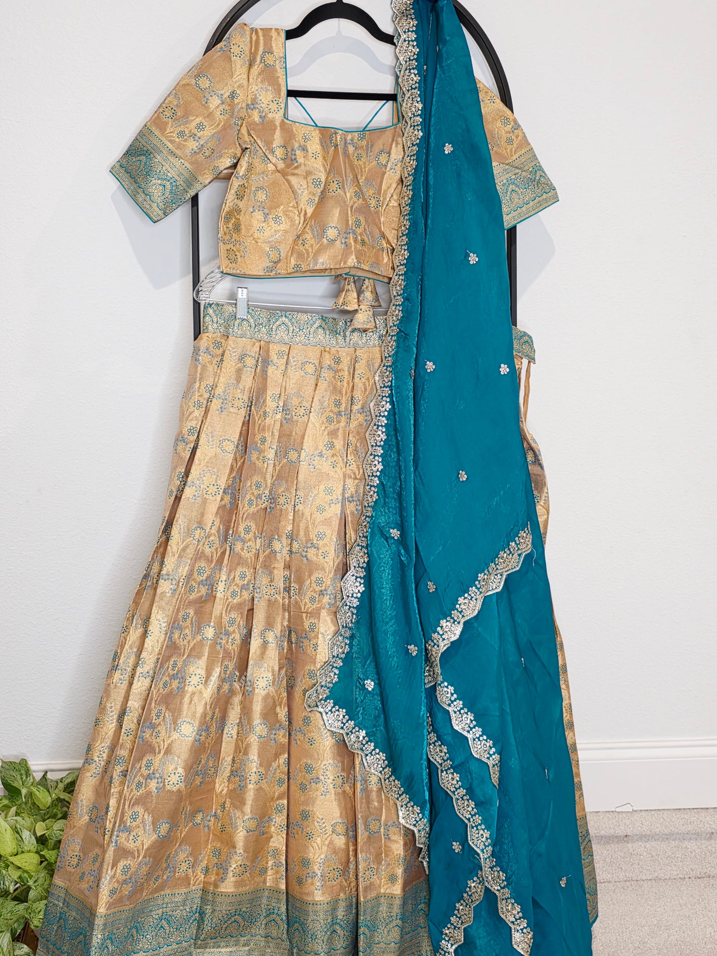 Champagne Gold & Peacock Teal Semi Kanchi Tissue Half Saree Set with Space Silk Cutwork Dupatta