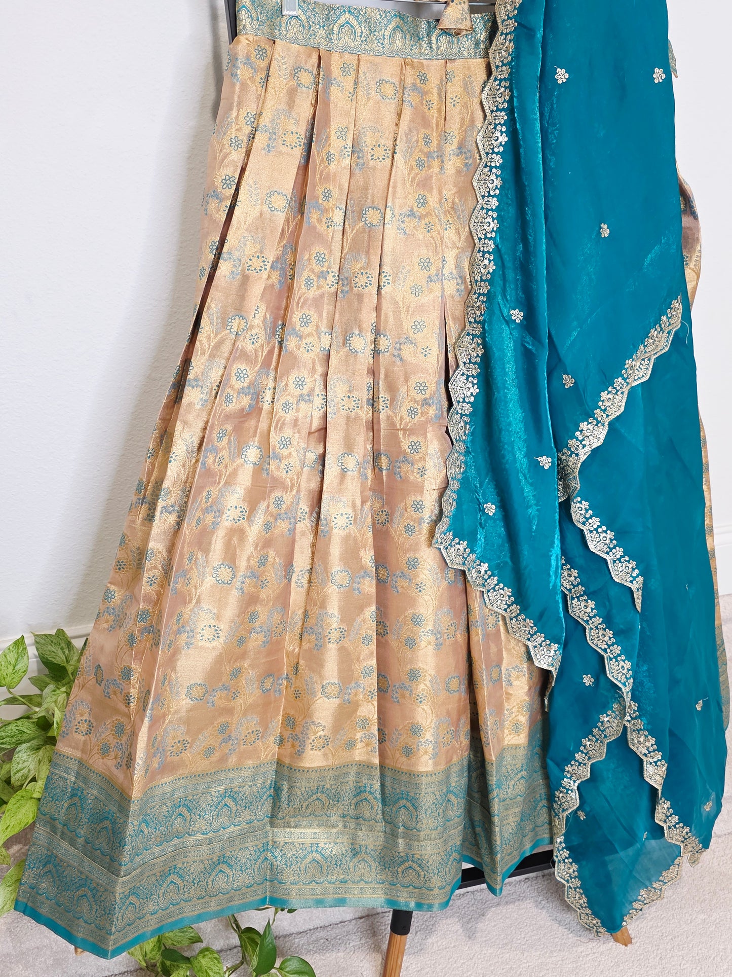 Champagne Gold & Peacock Teal Semi Kanchi Tissue Half Saree Set with Space Silk Cutwork Dupatta