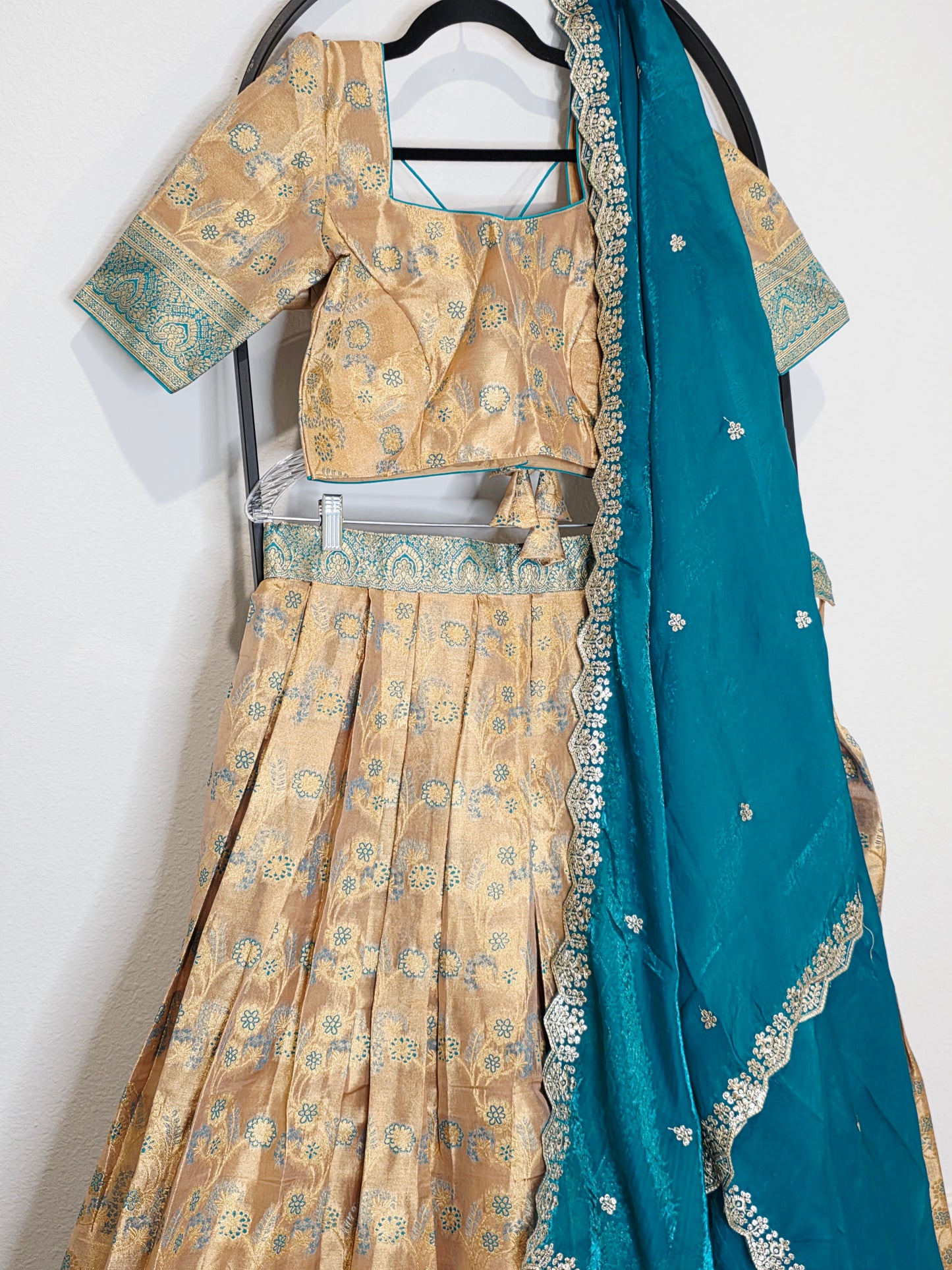 Champagne Gold & Peacock Teal Semi Kanchi Tissue Half Saree Set with Space Silk Cutwork Dupatta