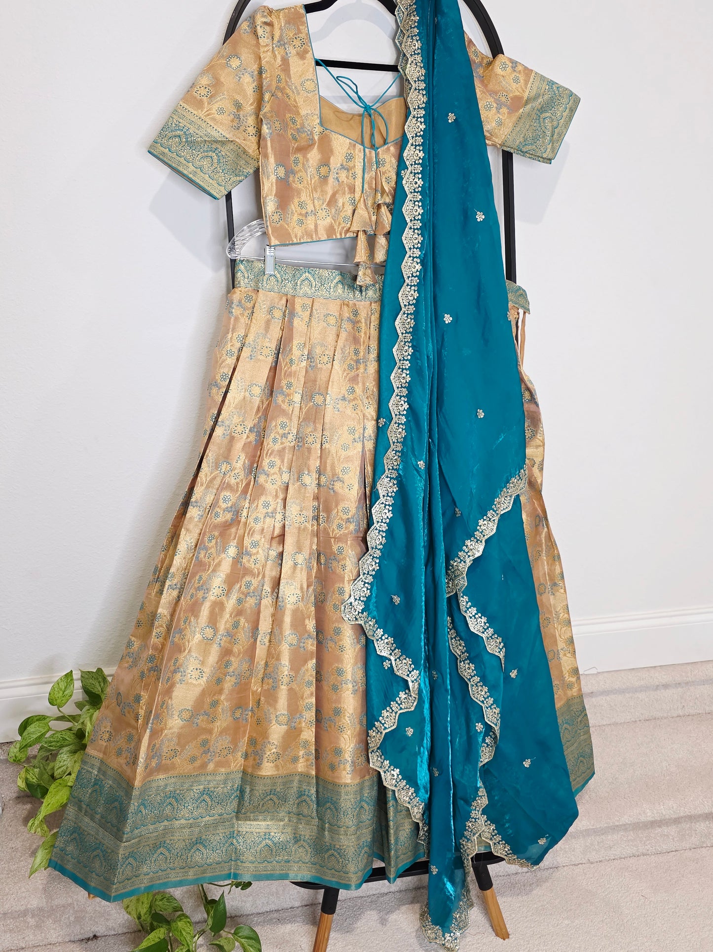 Champagne Gold & Peacock Teal Semi Kanchi Tissue Half Saree Set with Space Silk Cutwork Dupatta