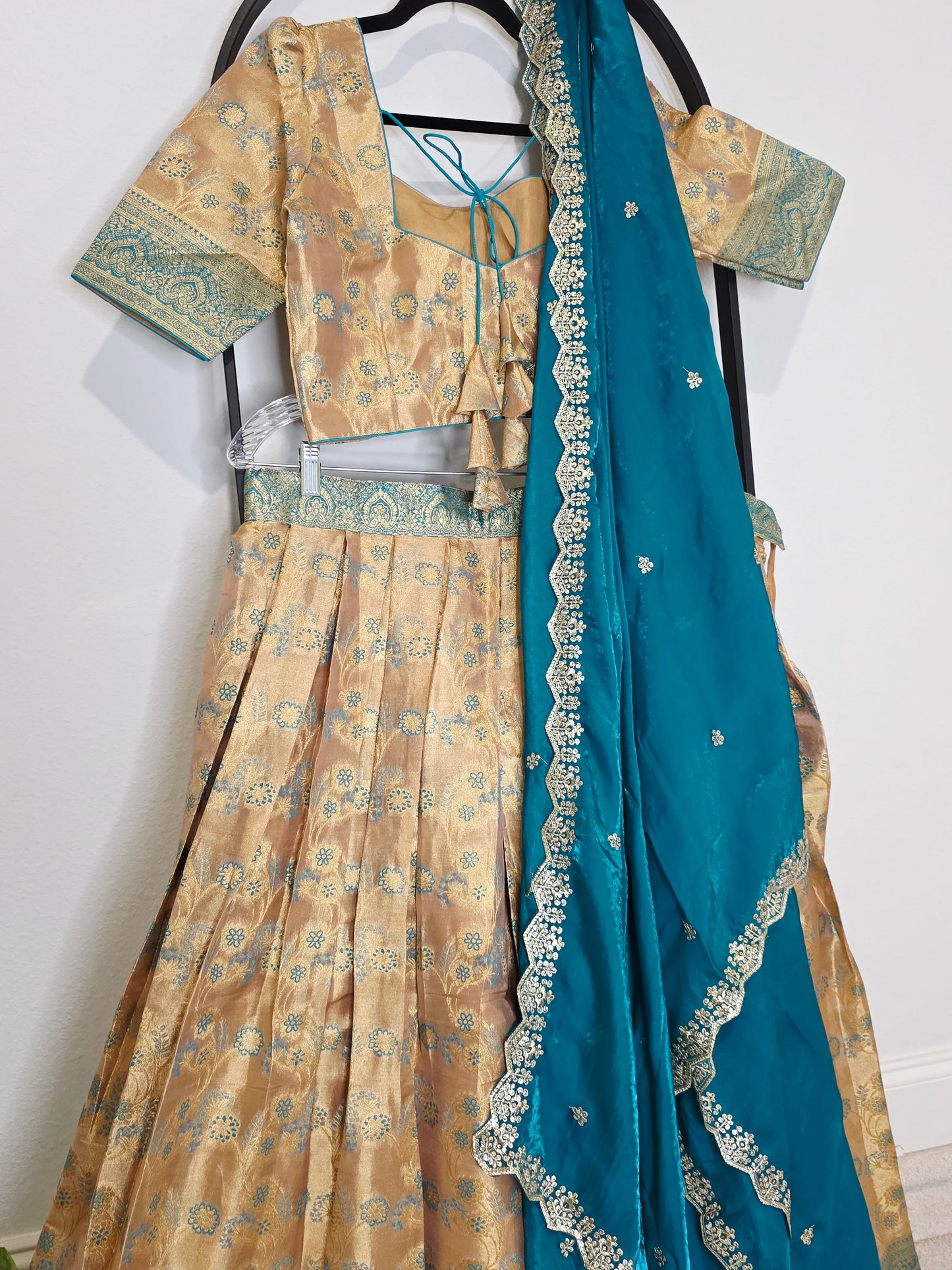 Champagne Gold & Peacock Teal Semi Kanchi Tissue Half Saree Set with Space Silk Cutwork Dupatta
