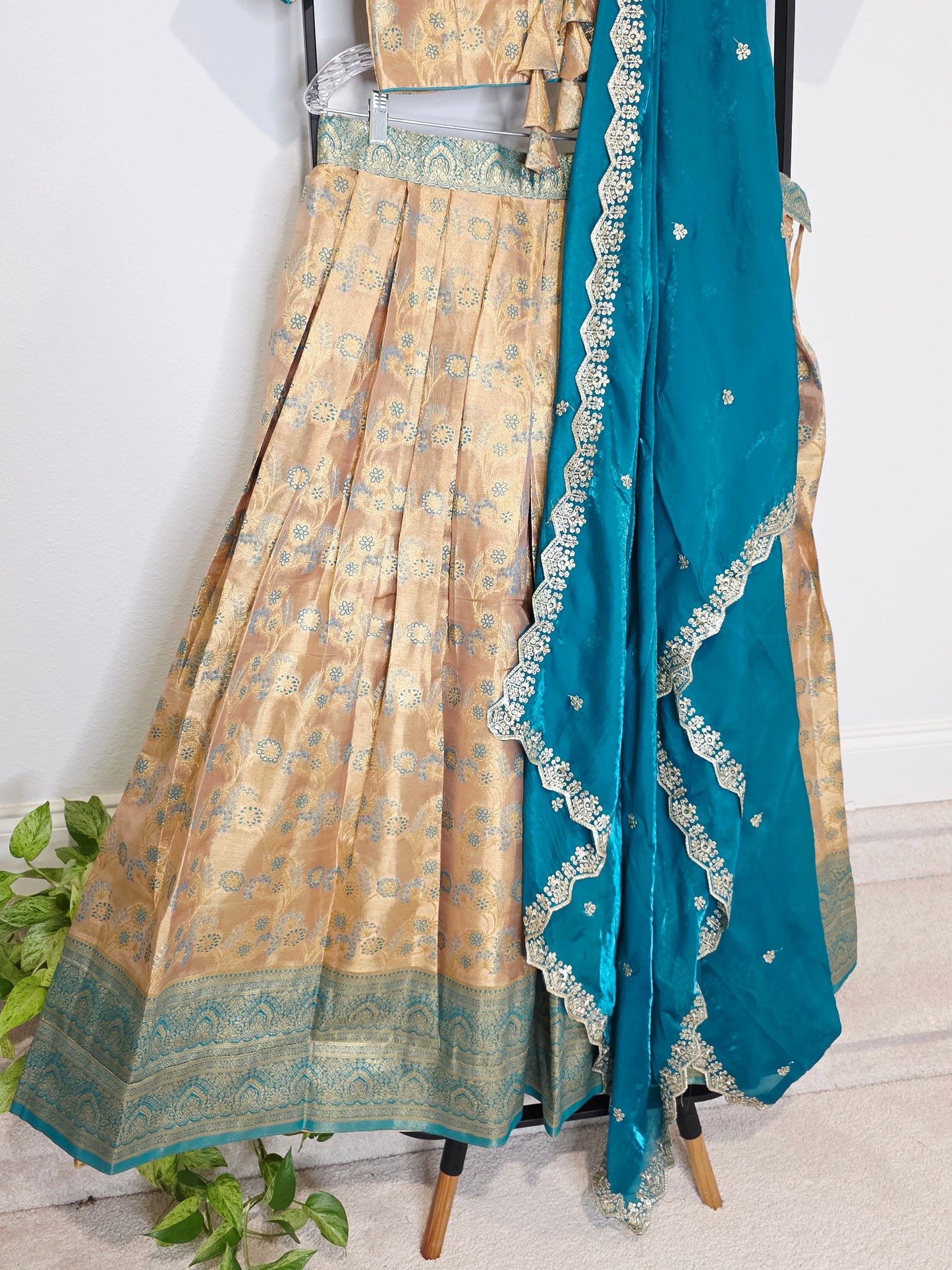 Champagne Gold & Peacock Teal Semi Kanchi Tissue Half Saree Set with Space Silk Cutwork Dupatta