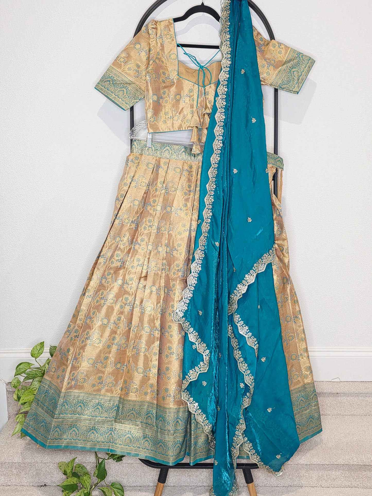 Champagne Gold & Peacock Teal Semi Kanchi Tissue Half Saree Set with Space Silk Cutwork Dupatta