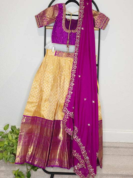 Golden Yellow & Royal Magenta Pure Kanchi Silk Lehenga Set with Soft Chinon Chiffon Silk Dupatta