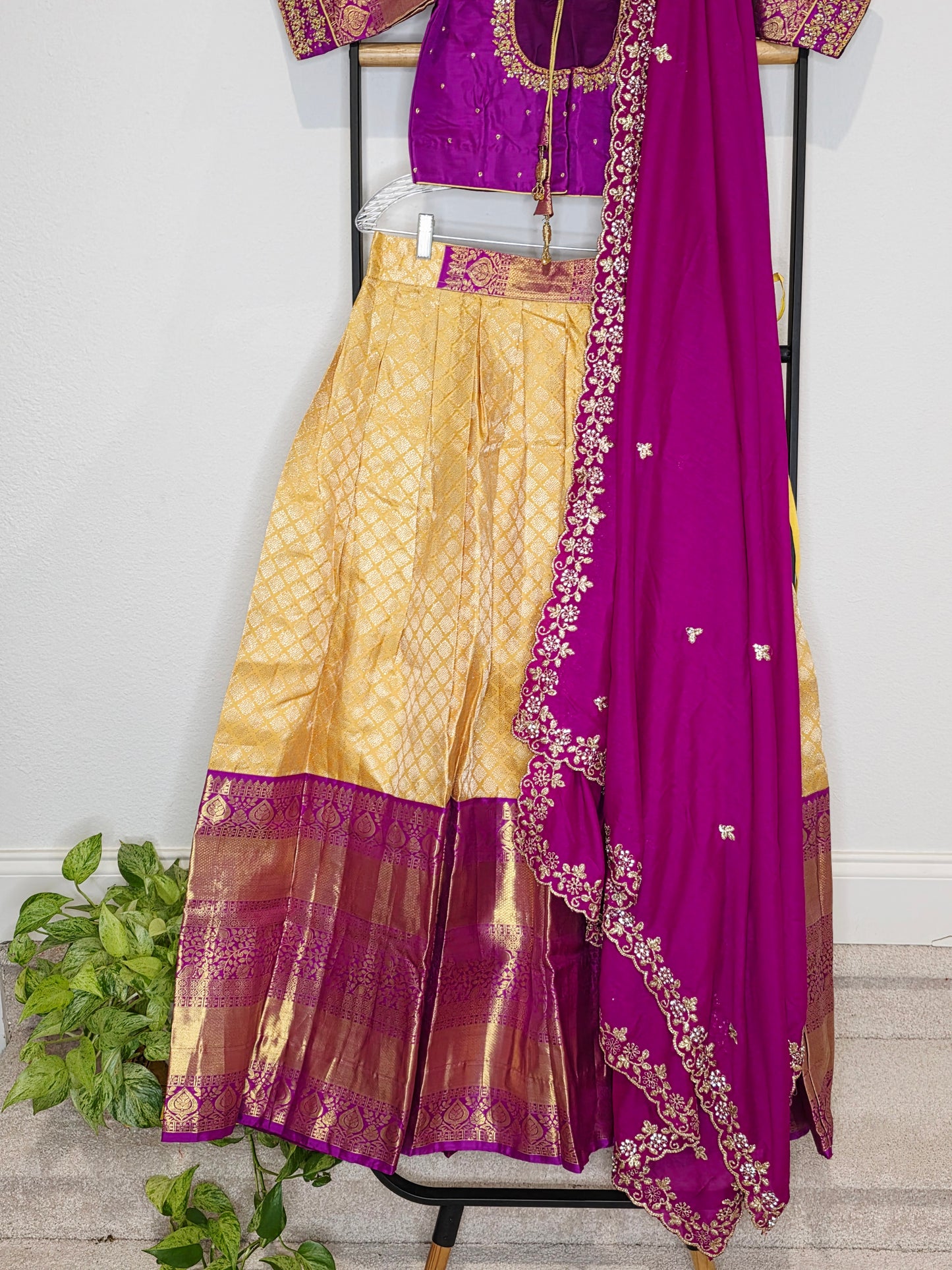 Golden Yellow & Royal Magenta Pure Kanchi Silk Lehenga Set with Soft Chinon Chiffon Silk Dupatta