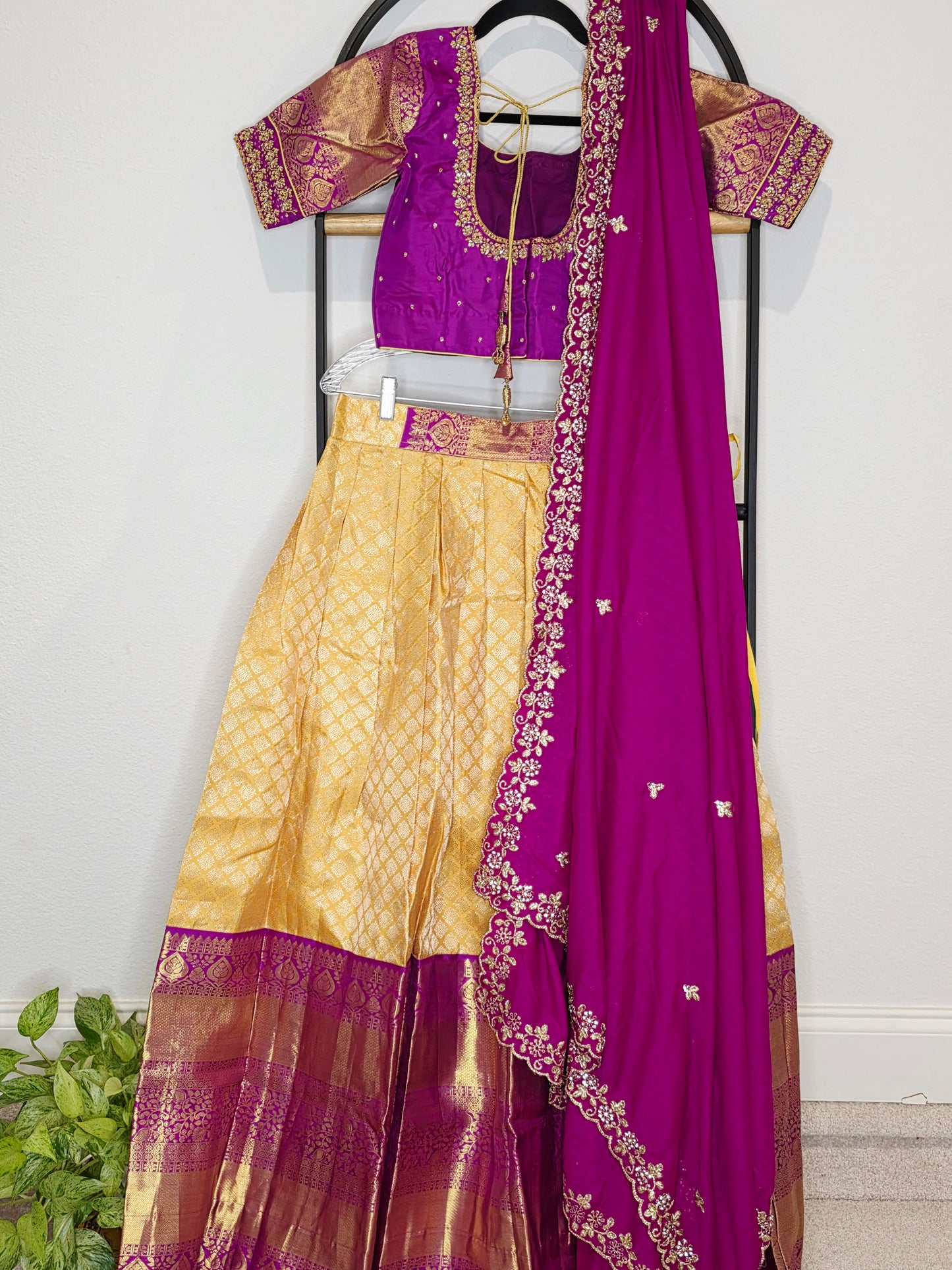 Golden Yellow & Royal Magenta Pure Kanchi Silk Lehenga Set with Soft Chinon Chiffon Silk Dupatta