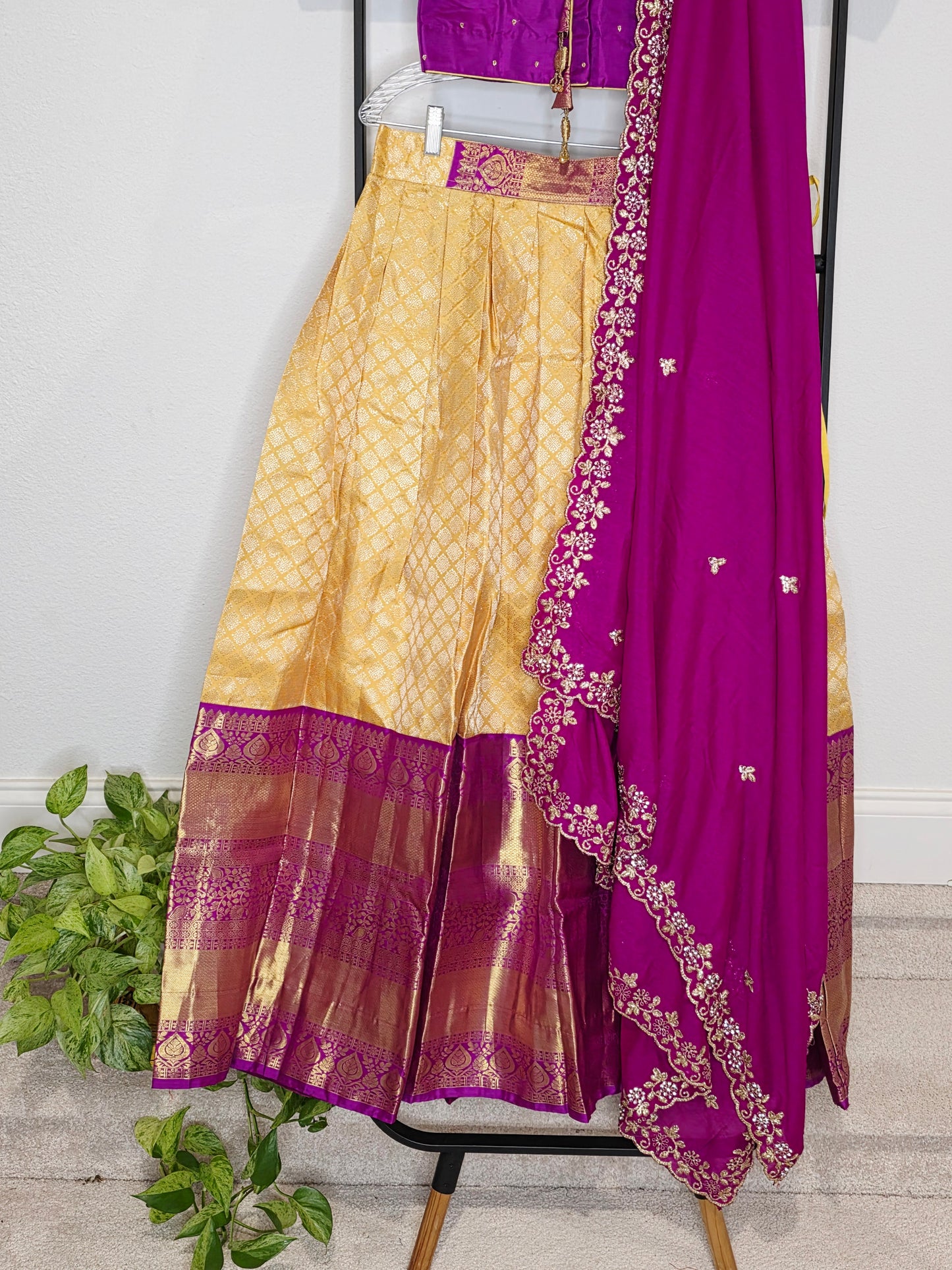 Golden Yellow & Royal Magenta Pure Kanchi Silk Lehenga Set with Soft Chinon Chiffon Silk Dupatta