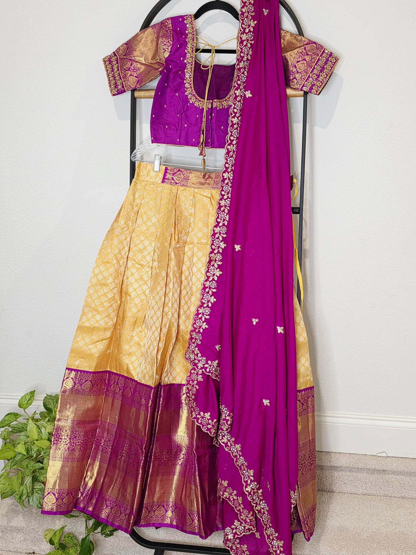 Golden Yellow & Royal Magenta Pure Kanchi Silk Lehenga Set with Soft Chinon Chiffon Silk Dupatta