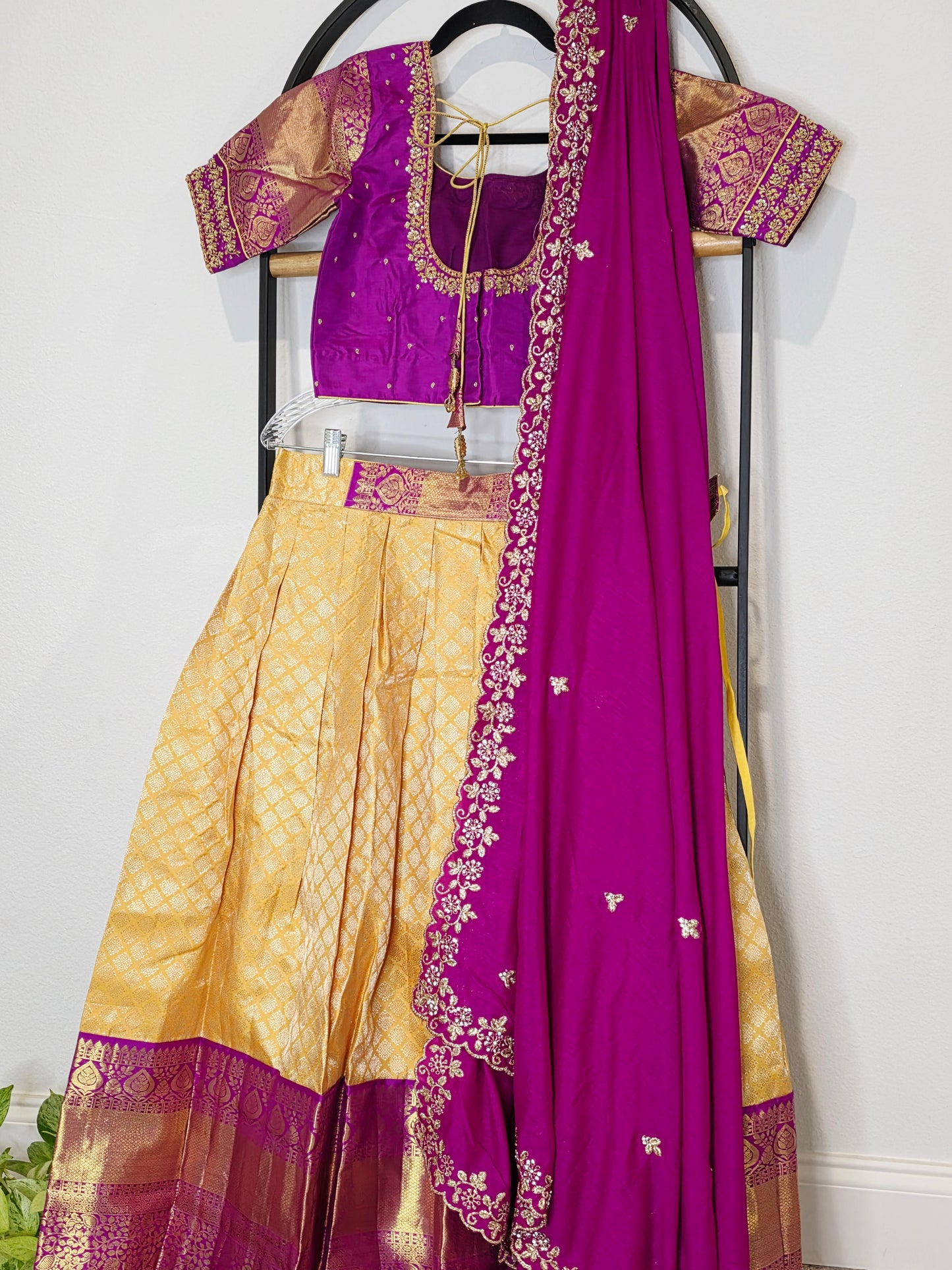 Golden Yellow & Royal Magenta Pure Kanchi Silk Lehenga Set with Soft Chinon Chiffon Silk Dupatta