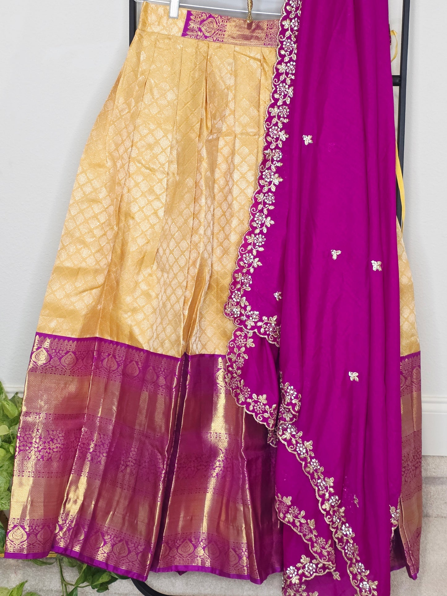 Golden Yellow & Royal Magenta Pure Kanchi Silk Lehenga Set with Soft Chinon Chiffon Silk Dupatta