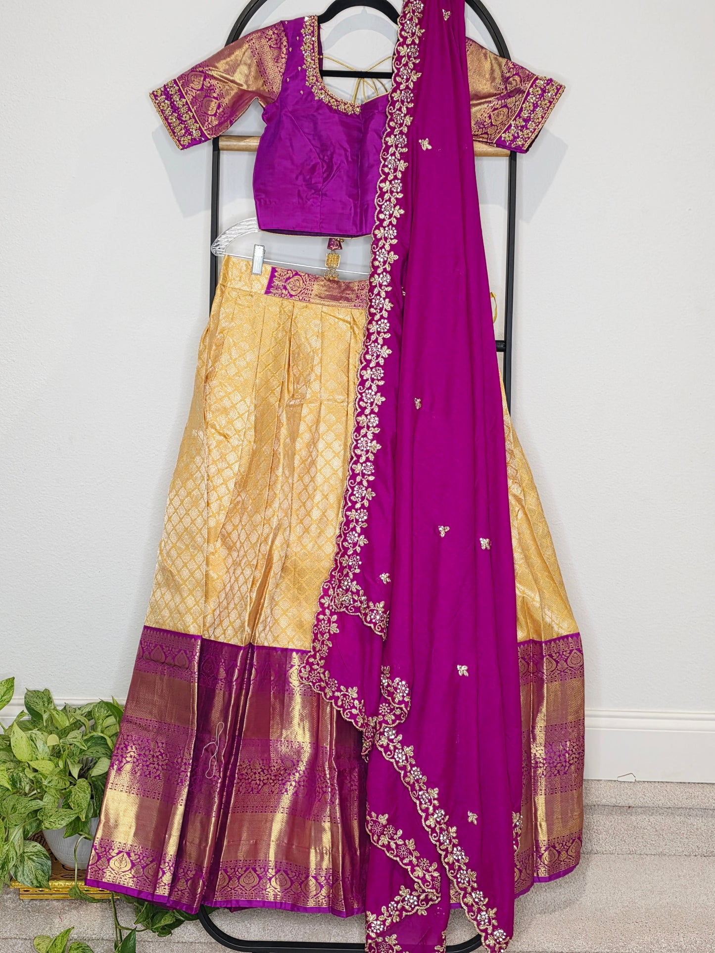 Golden Yellow & Royal Magenta Pure Kanchi Silk Lehenga Set with Soft Chinon Chiffon Silk Dupatta