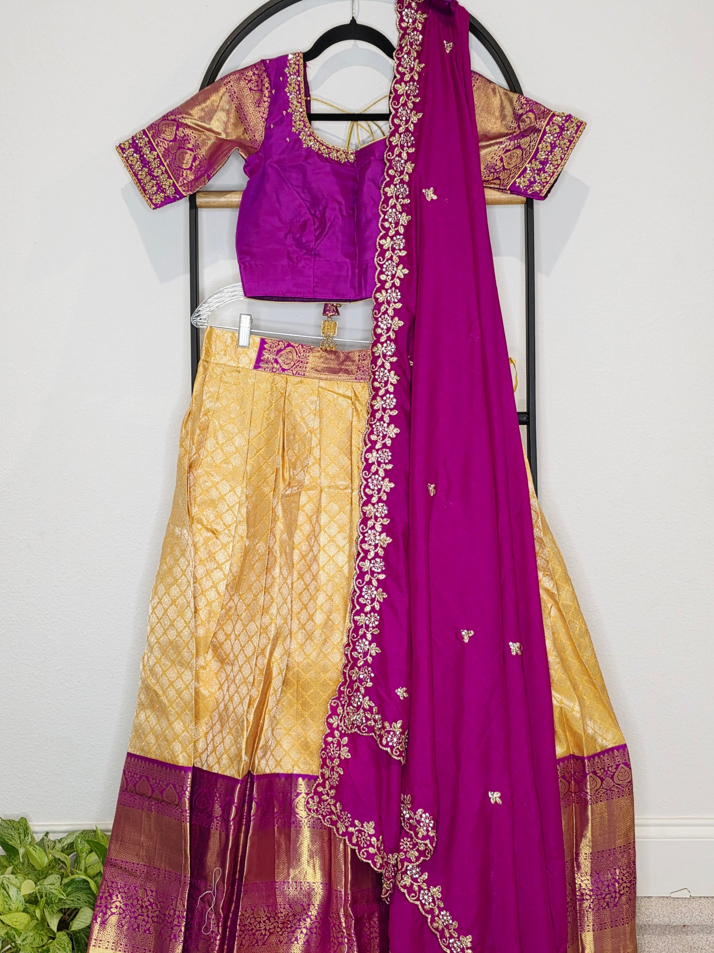 Golden Yellow & Royal Magenta Pure Kanchi Silk Lehenga Set with Soft Chinon Chiffon Silk Dupatta