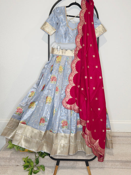 Powder Blue Tissue Benarasi Floral Butta Lehenga Set with Rani Pink Scalloped Munga Silk Dupatta