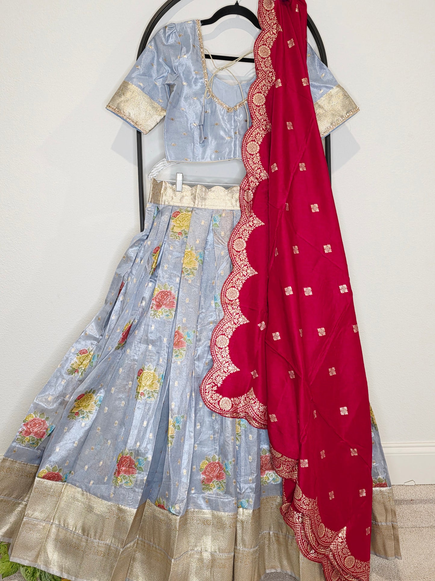 Powder Blue Tissue Benarasi Floral Butta Lehenga Set with Rani Pink Scalloped Munga Silk Dupatta