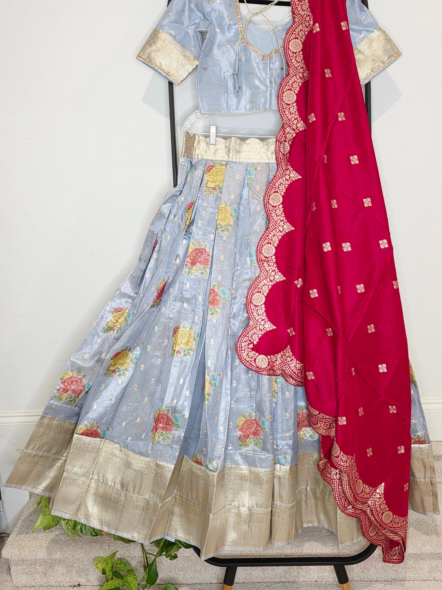 Powder Blue Tissue Benarasi Floral Butta Lehenga Set with Rani Pink Scalloped Munga Silk Dupatta