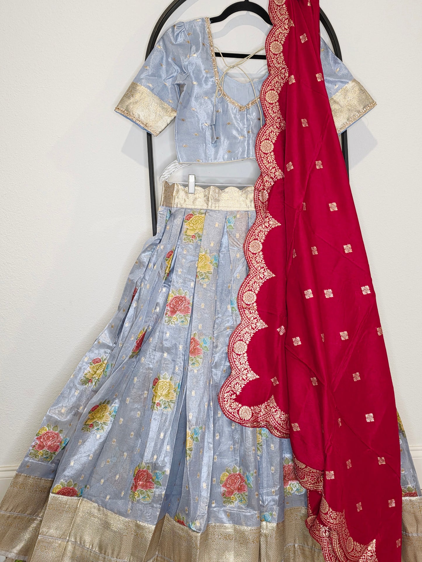 Powder Blue Tissue Benarasi Floral Butta Lehenga Set with Rani Pink Scalloped Munga Silk Dupatta