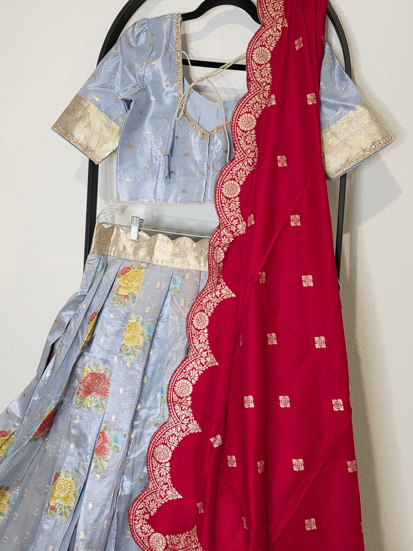 Powder Blue Tissue Benarasi Floral Butta Lehenga Set with Rani Pink Scalloped Munga Silk Dupatta