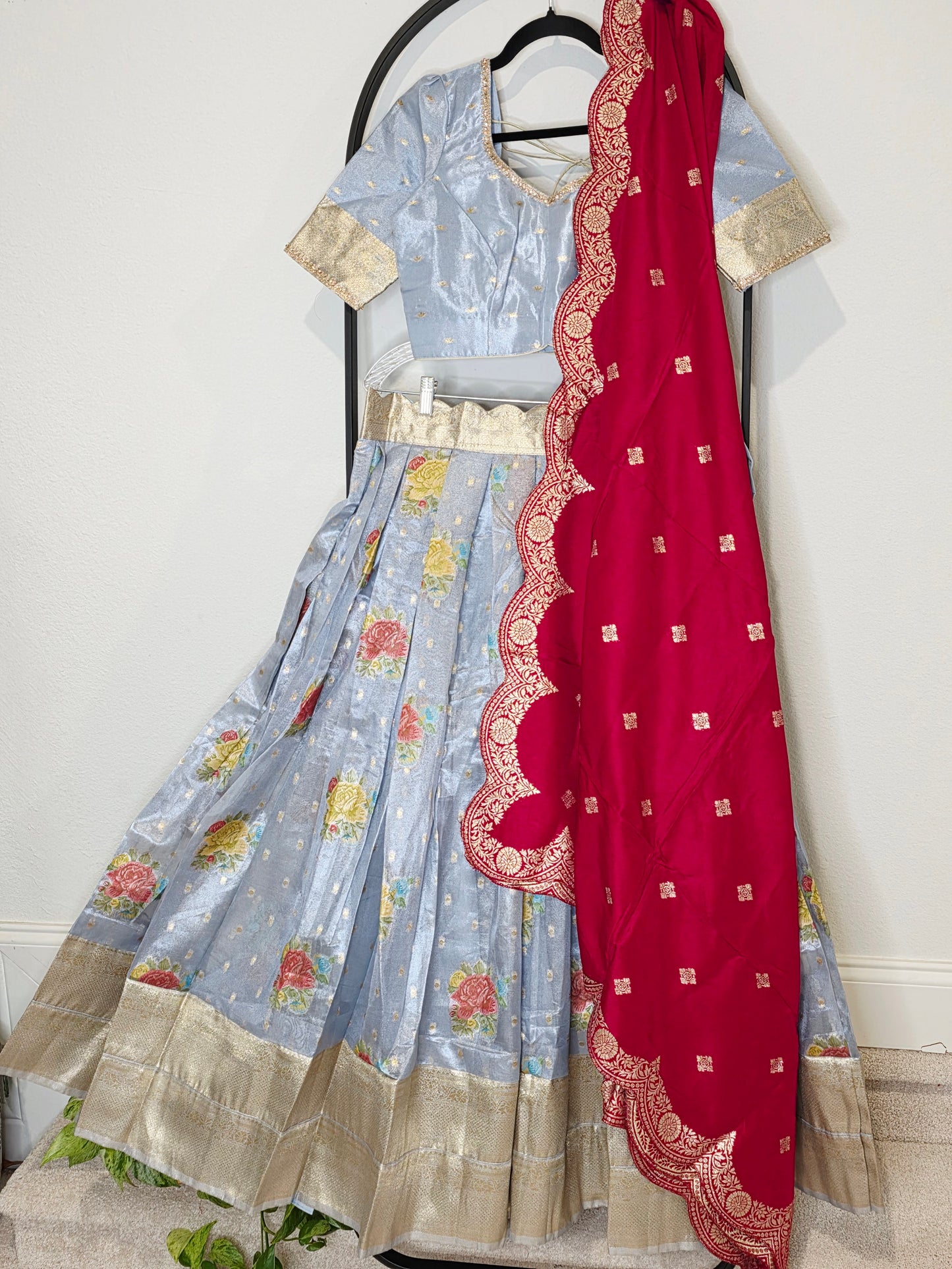 Powder Blue Tissue Benarasi Floral Butta Lehenga Set with Rani Pink Scalloped Munga Silk Dupatta