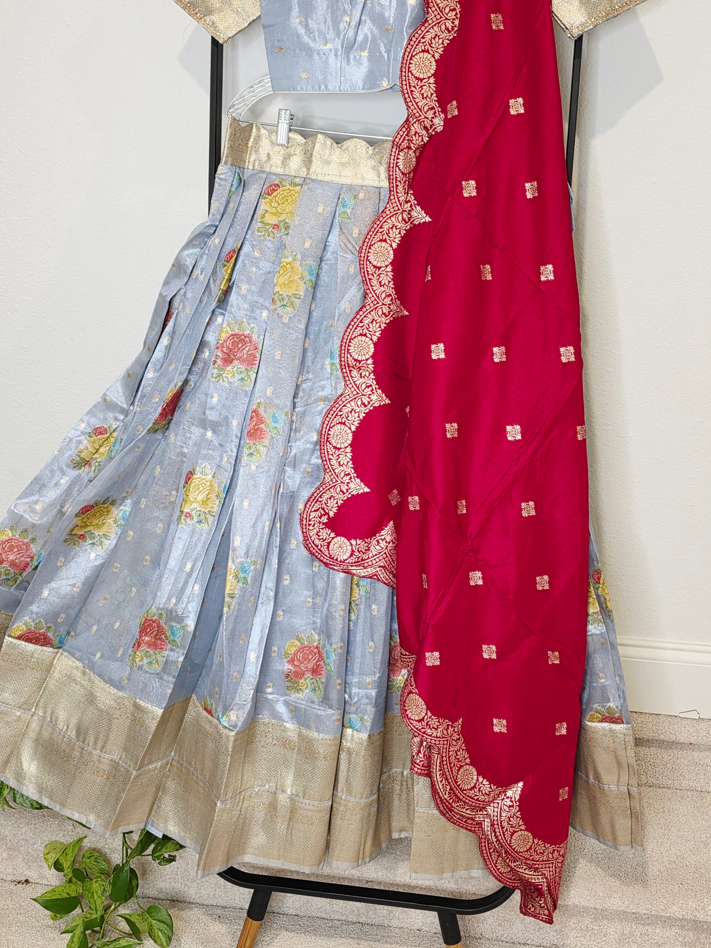 Powder Blue Tissue Benarasi Floral Butta Lehenga Set with Rani Pink Scalloped Munga Silk Dupatta