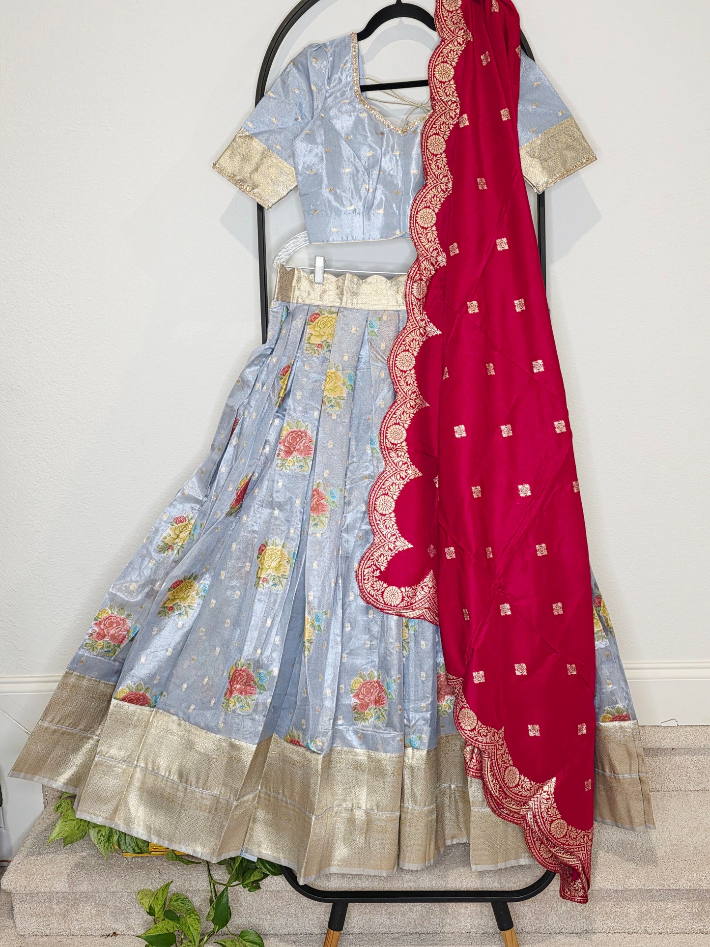 Powder Blue Tissue Benarasi Floral Butta Lehenga Set with Rani Pink Scalloped Munga Silk Dupatta