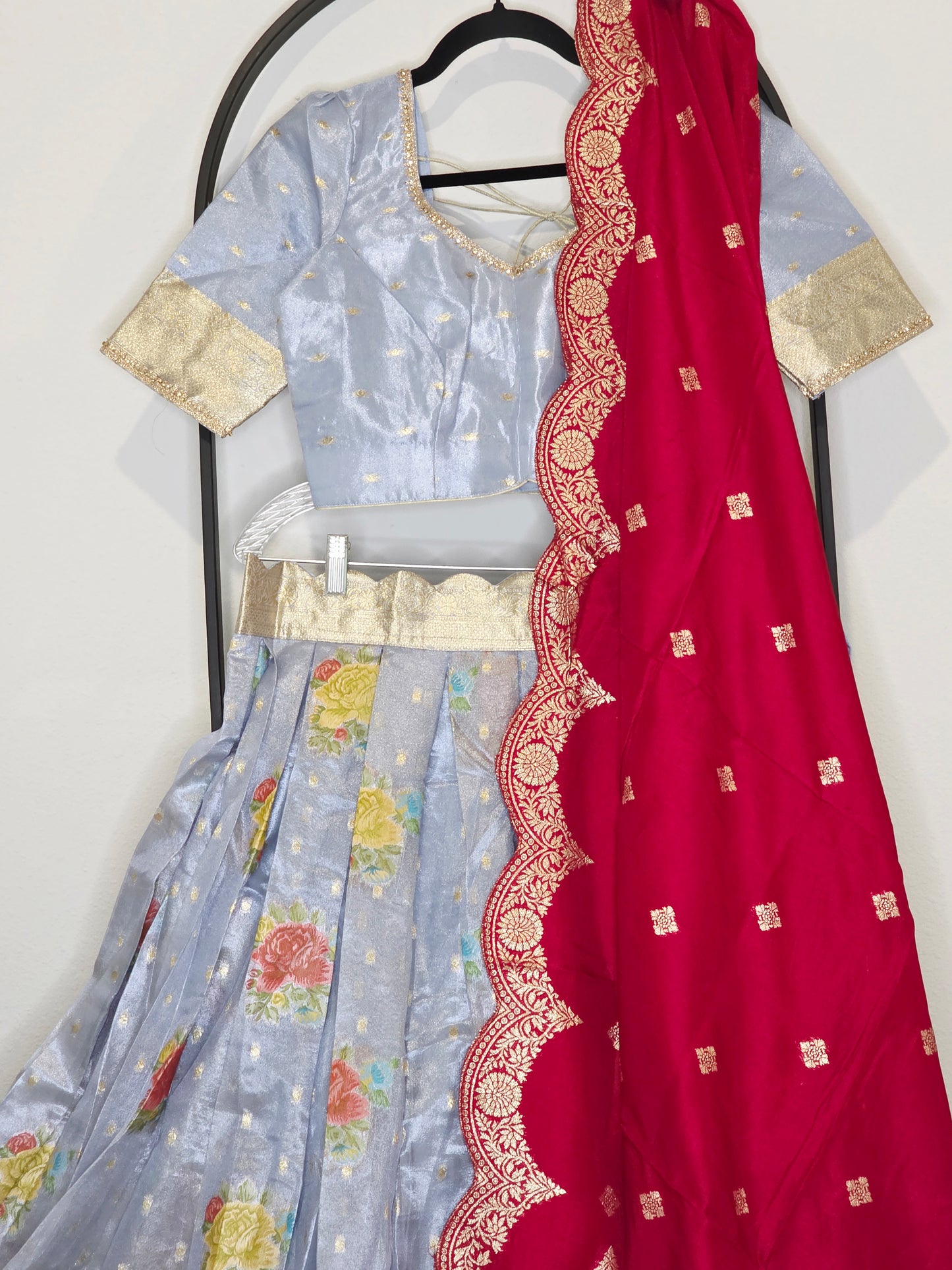 Powder Blue Tissue Benarasi Floral Butta Lehenga Set with Rani Pink Scalloped Munga Silk Dupatta