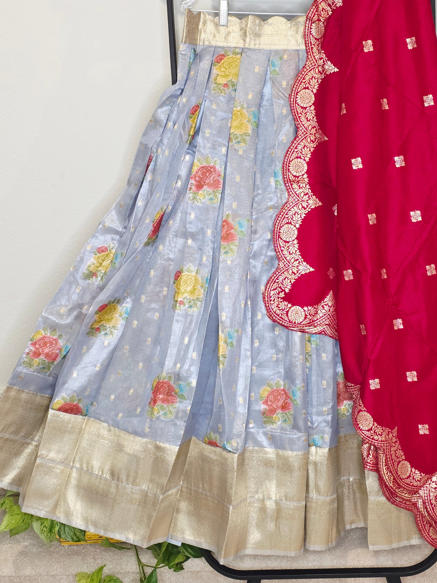 Powder Blue Tissue Benarasi Floral Butta Lehenga Set with Rani Pink Scalloped Munga Silk Dupatta