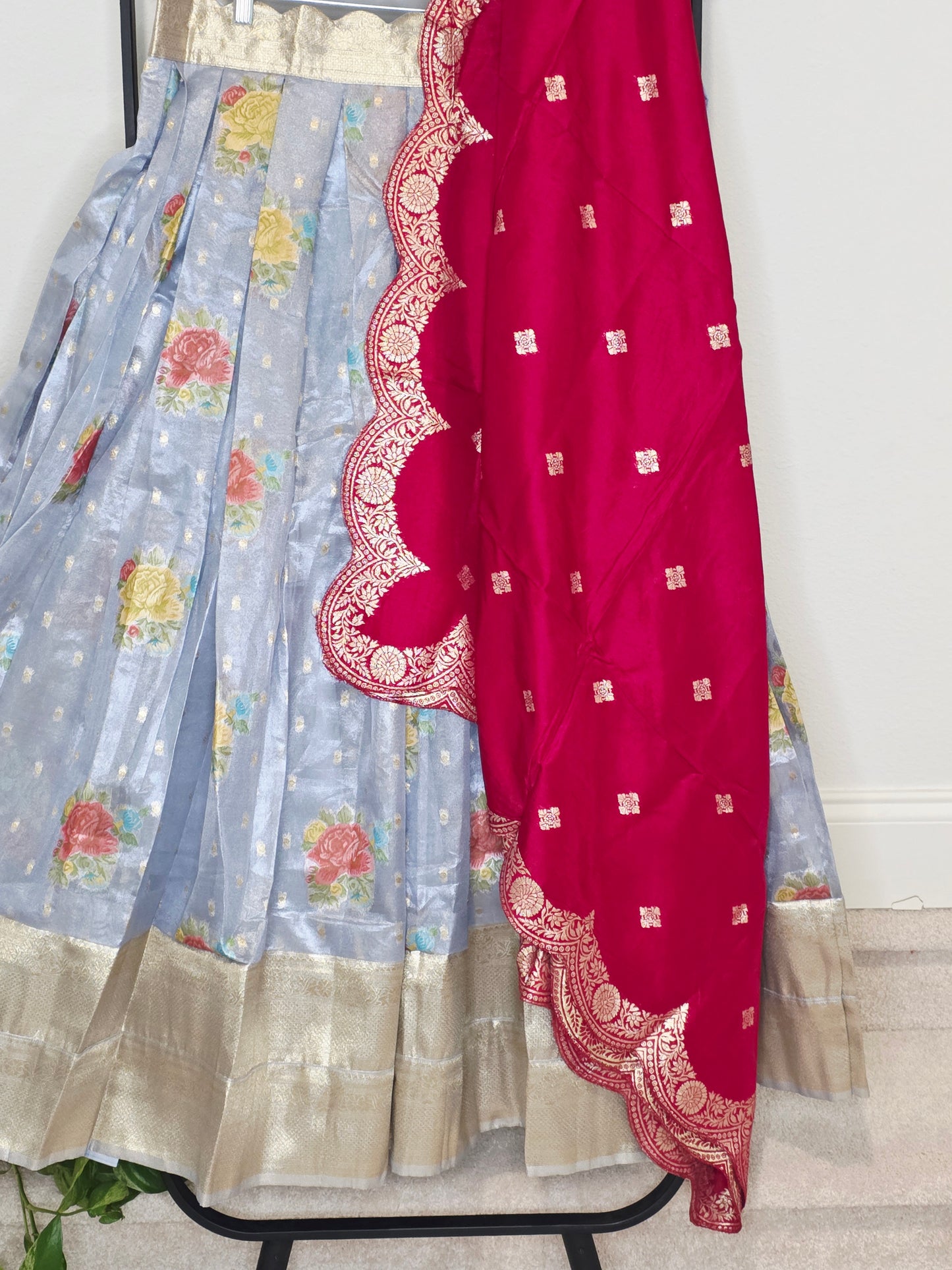 Powder Blue Tissue Benarasi Floral Butta Lehenga Set with Rani Pink Scalloped Munga Silk Dupatta
