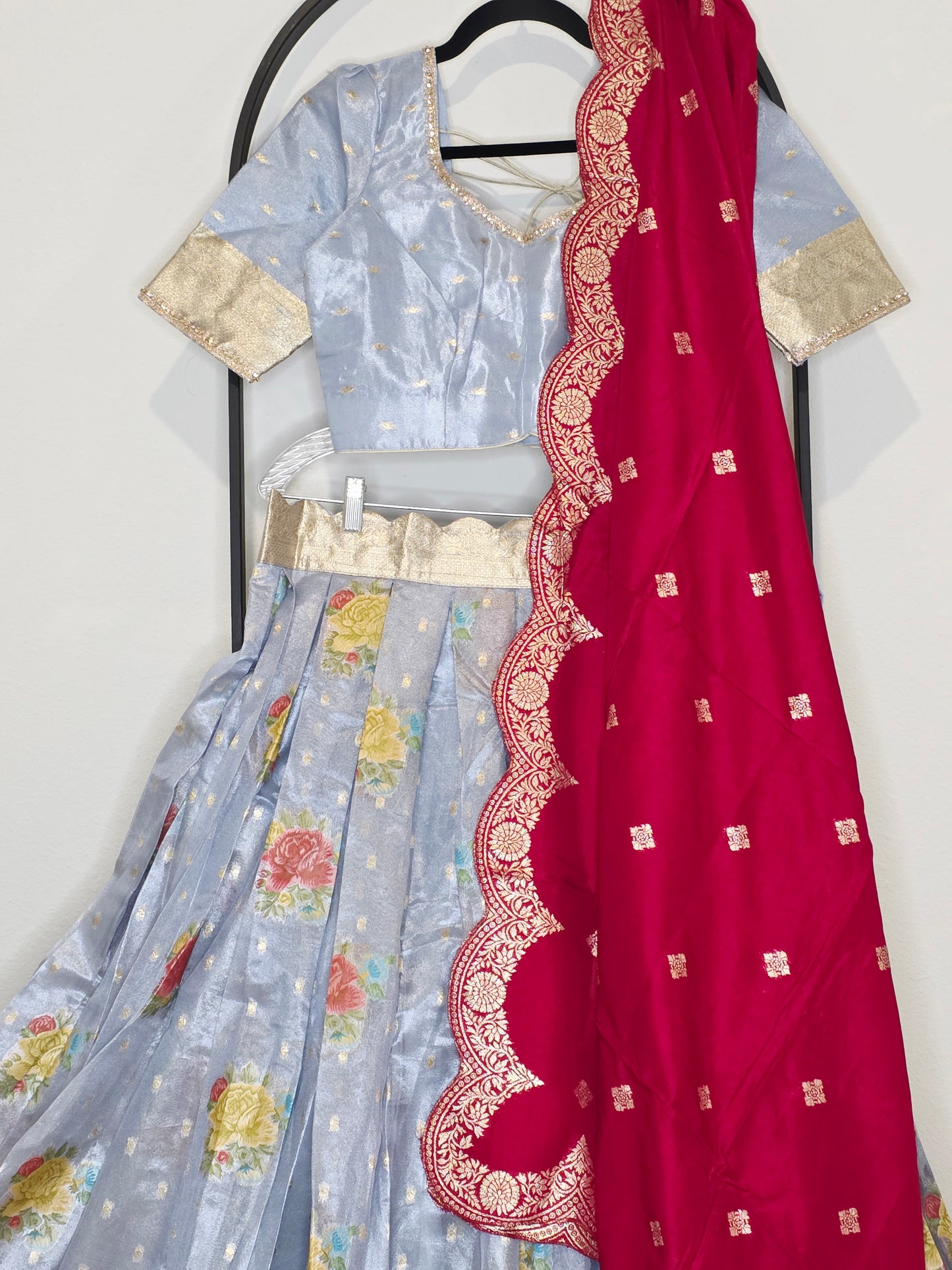 Powder Blue Tissue Benarasi Floral Butta Lehenga Set with Rani Pink Scalloped Munga Silk Dupatta