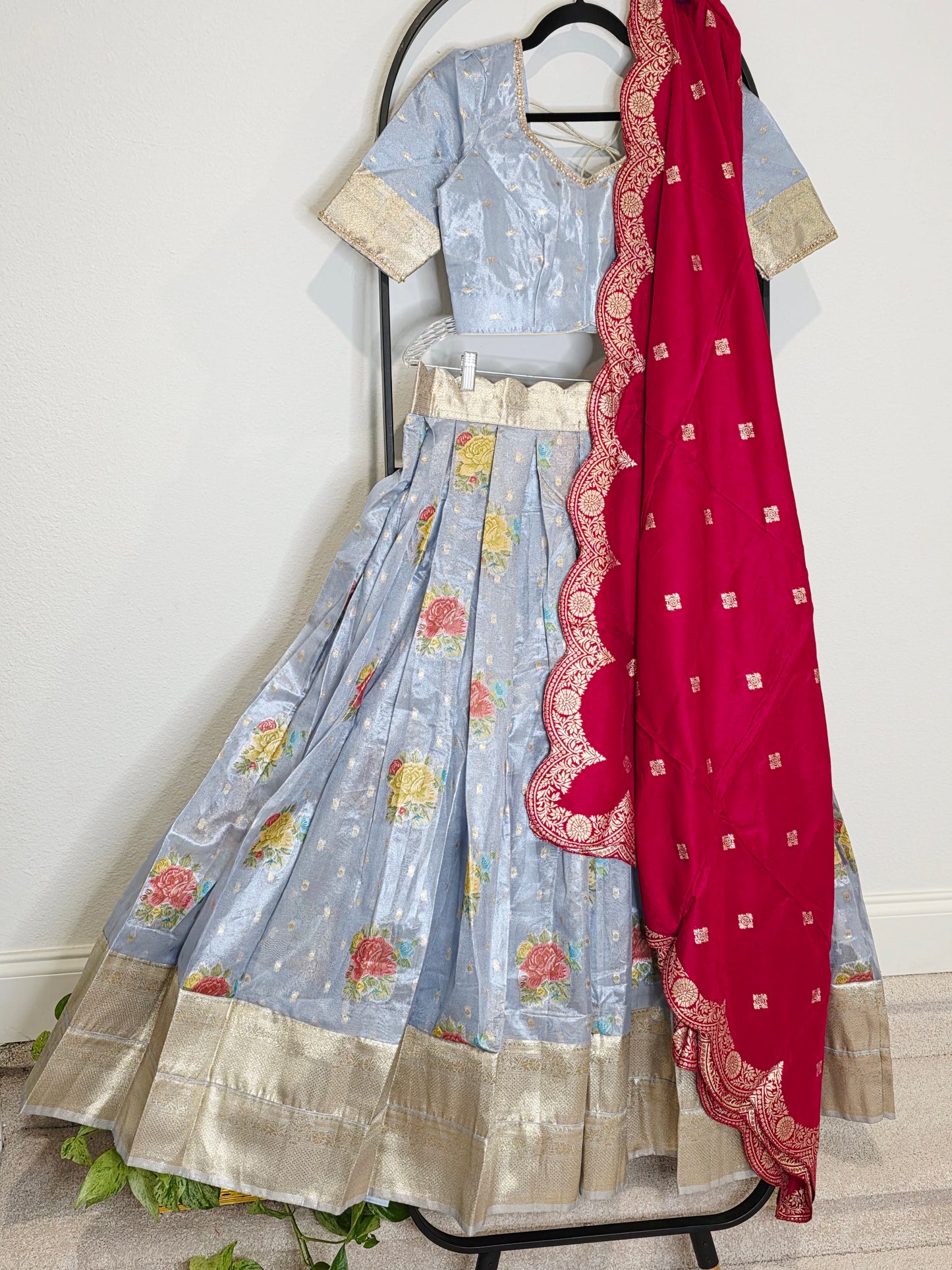 Powder Blue Tissue Benarasi Floral Butta Lehenga Set with Rani Pink Scalloped Munga Silk Dupatta