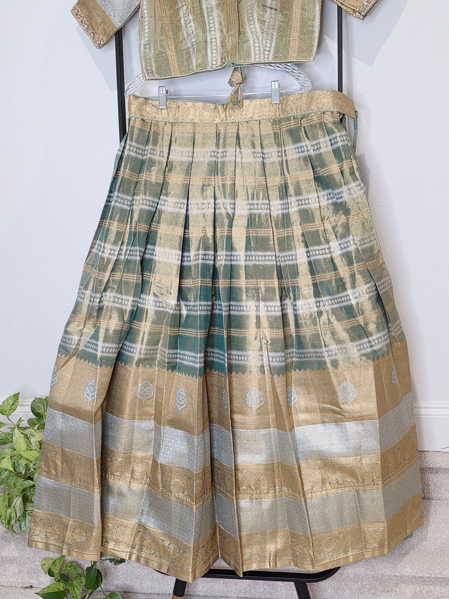 Sage Gold Tissue Benarasi Half Saree Lehenga Set with Bottle Green Paithani Border Munga Silk Dupatta