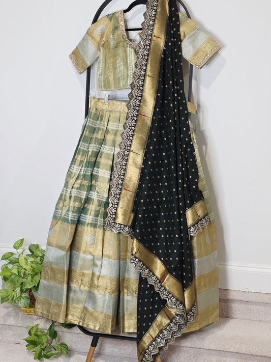 Sage Gold Tissue Benarasi Half Saree Lehenga Set with Bottle Green Paithani Border Munga Silk Dupatta