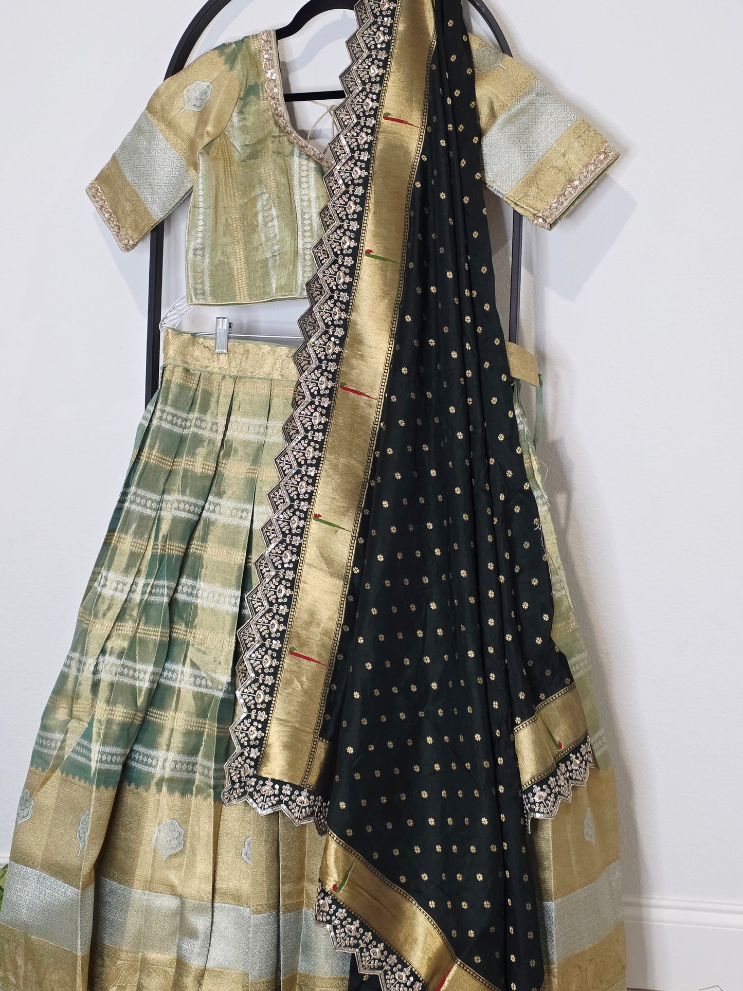 Sage Gold Tissue Benarasi Half Saree Lehenga Set with Bottle Green Paithani Border Munga Silk Dupatta