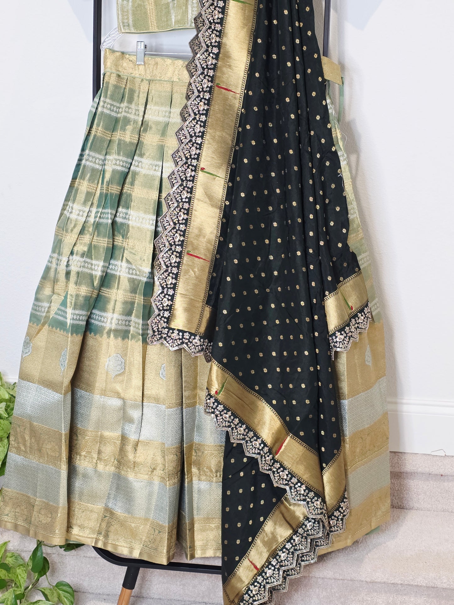 Sage Gold Tissue Benarasi Half Saree Lehenga Set with Bottle Green Paithani Border Munga Silk Dupatta