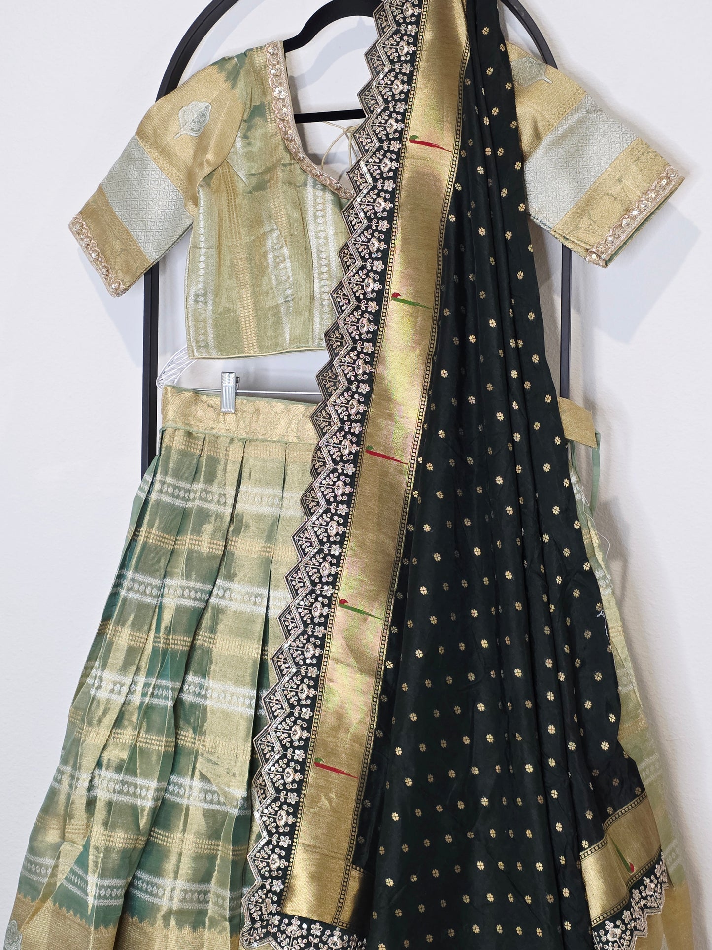 Sage Gold Tissue Benarasi Half Saree Lehenga Set with Bottle Green Paithani Border Munga Silk Dupatta