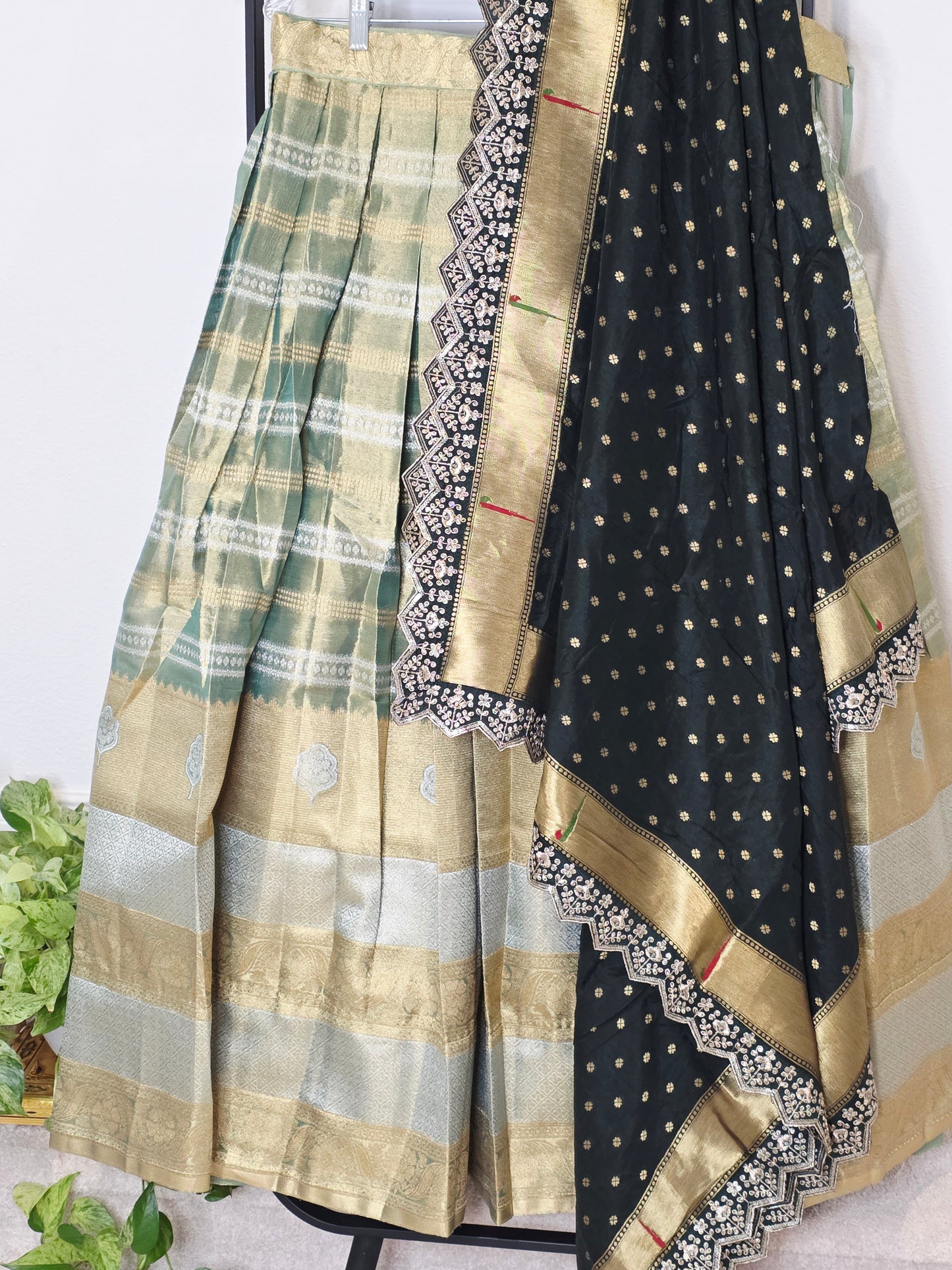 Sage Gold Tissue Benarasi Half Saree Lehenga Set with Bottle Green Paithani Border Munga Silk Dupatta