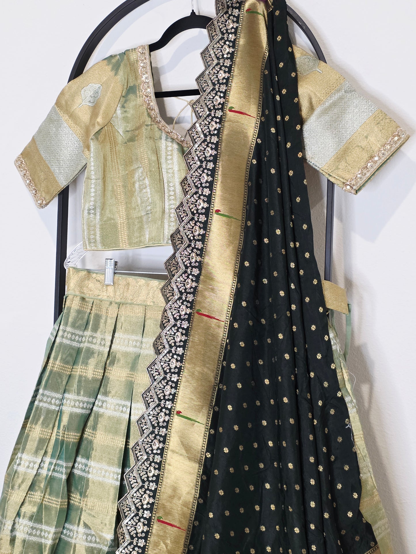 Sage Gold Tissue Benarasi Half Saree Lehenga Set with Bottle Green Paithani Border Munga Silk Dupatta