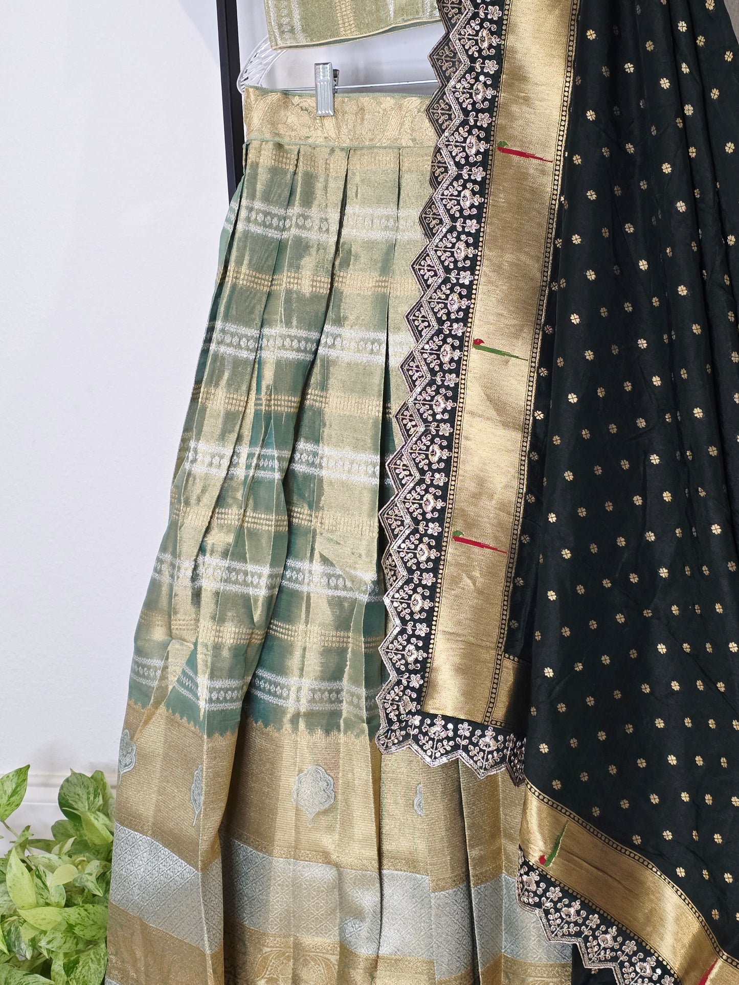 Sage Gold Tissue Benarasi Half Saree Lehenga Set with Bottle Green Paithani Border Munga Silk Dupatta